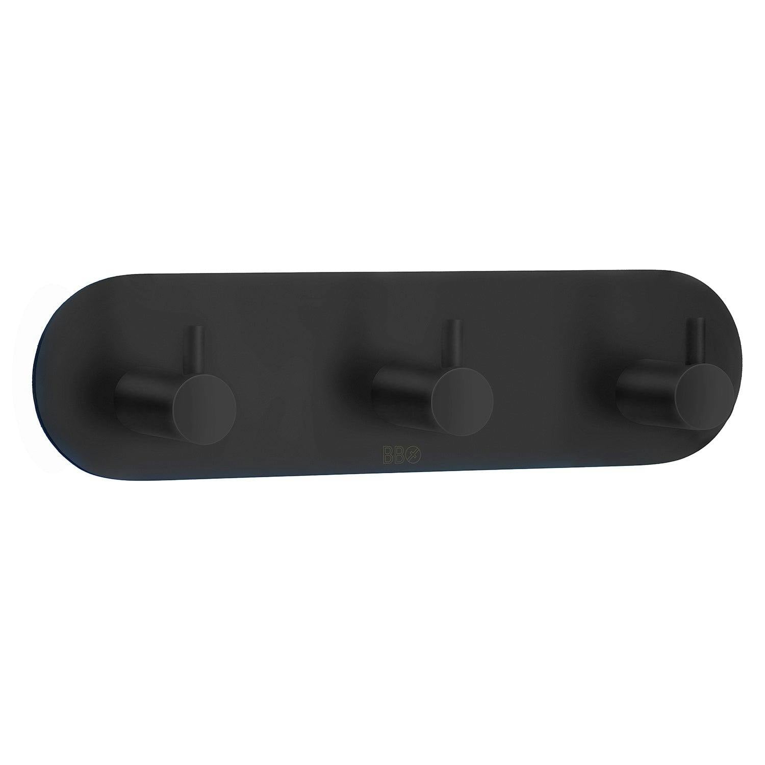 Rackhams Black Single Stainless Steel Triple Towel Hook (190 X 48Mm) Self Adhesive Bathroom Wall Mounted