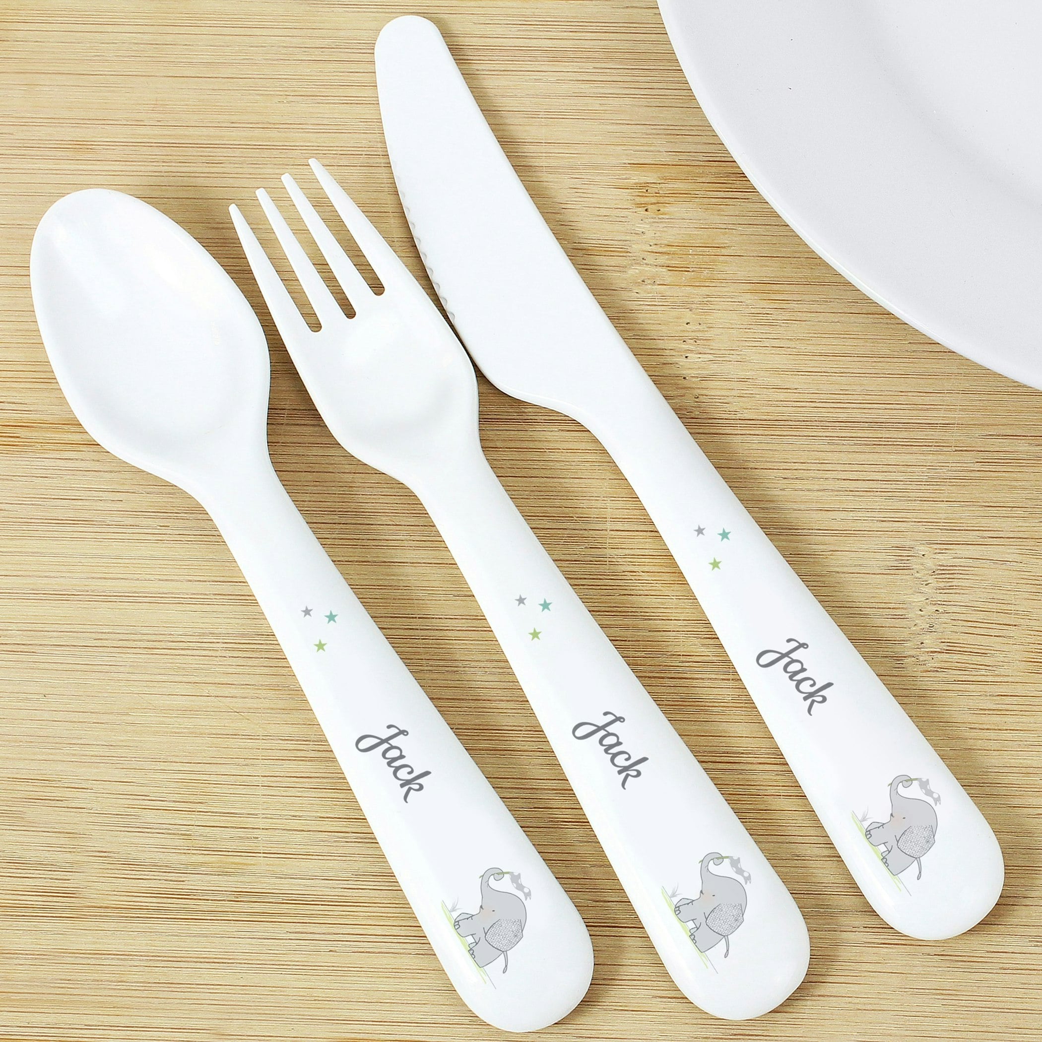 Rackhams Personalised Hessian Elephant 3 Piece Plastic Cutlery Set