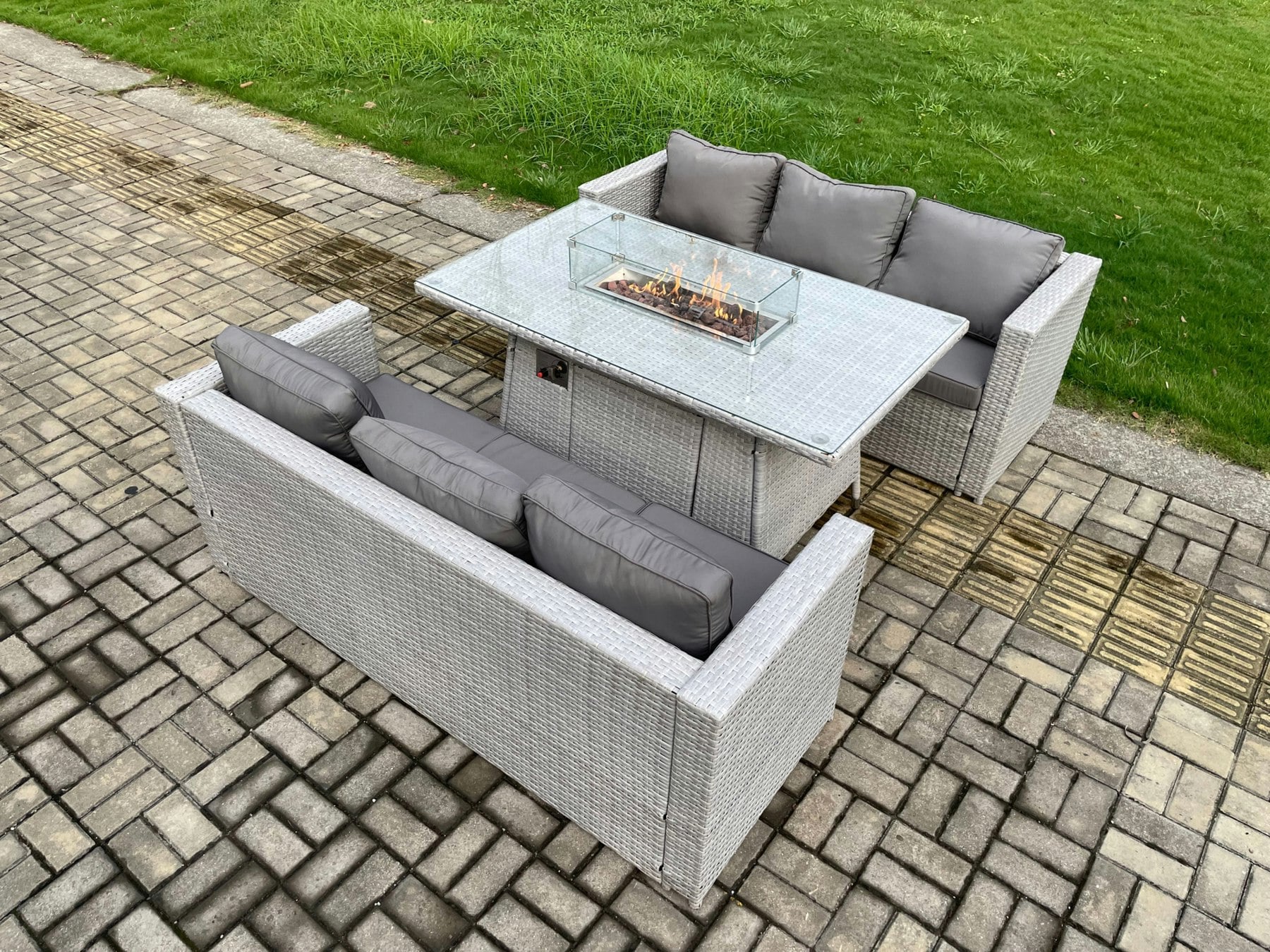 Fimous Light/Grey Rattan Outdoor Garden Furniture Set With Gas Fire Pit Dining Table & 2 Sofas - 6 Seater