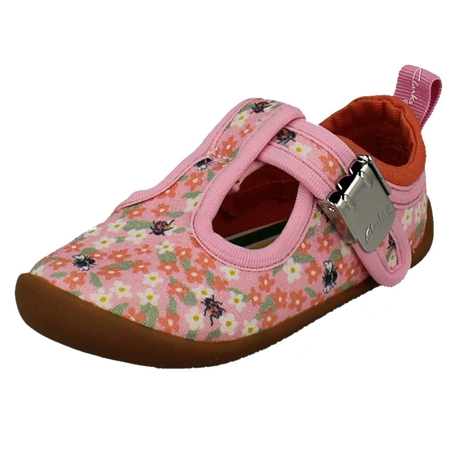 Clarks Girls Pink Canvas T-Bar Roamer Bloom T - Uk 5.5 Infant - G