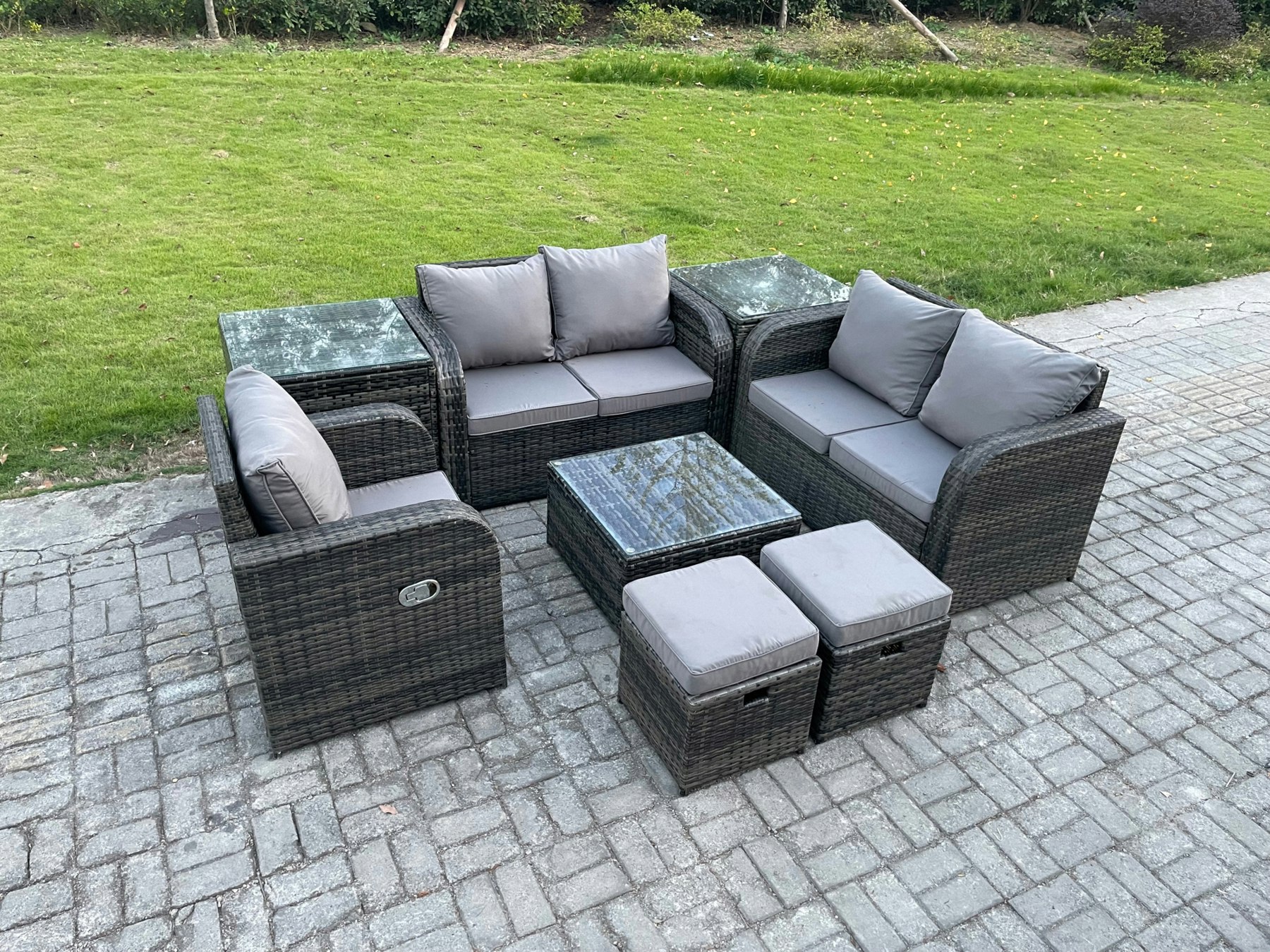 Rackhams Dark/Grey Pe Rattan Garden Furniture Sets Outdoor Love Sofa Chair Set Square Coffee Table 2 Side Tables 2 Small Footstools