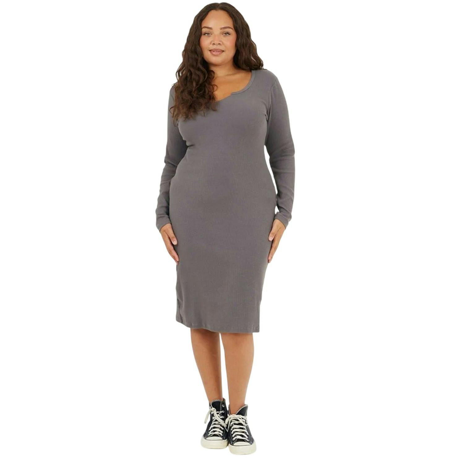 Brave Soul Women's Notch Neck Midi Dress - Slate - 24 Uk - Slate - 100% Mixed