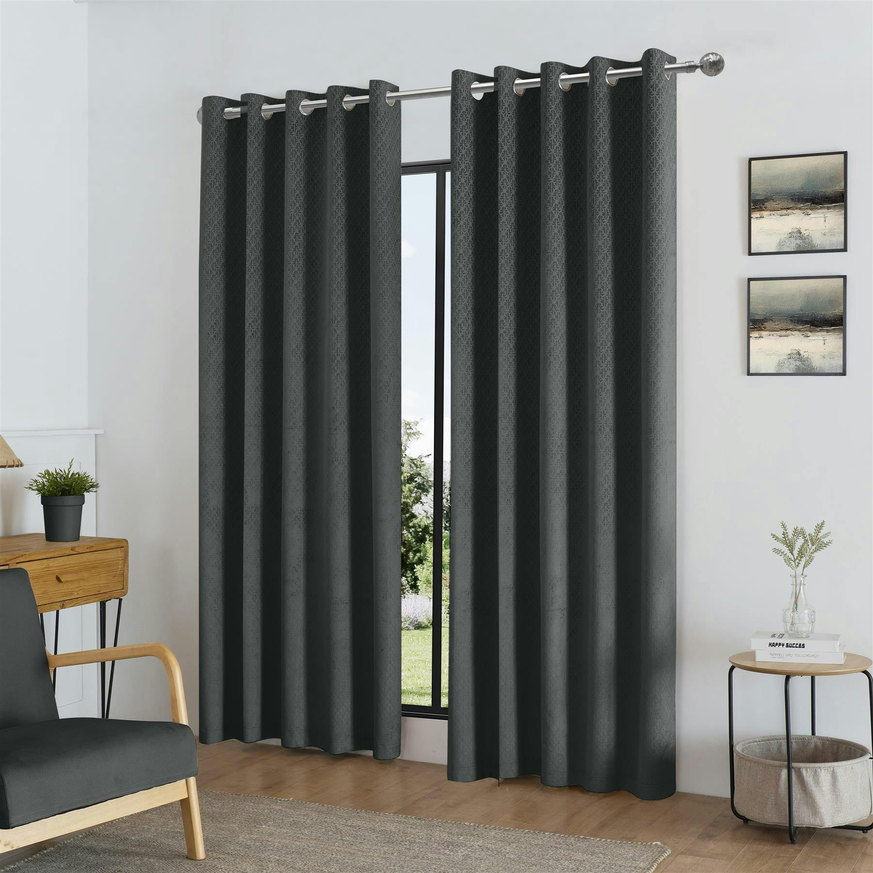 Rackhams Black/Light Temple Velvet Ring Top Out Curtains - Charcoal - 229Cm Width X 183Cm Drop