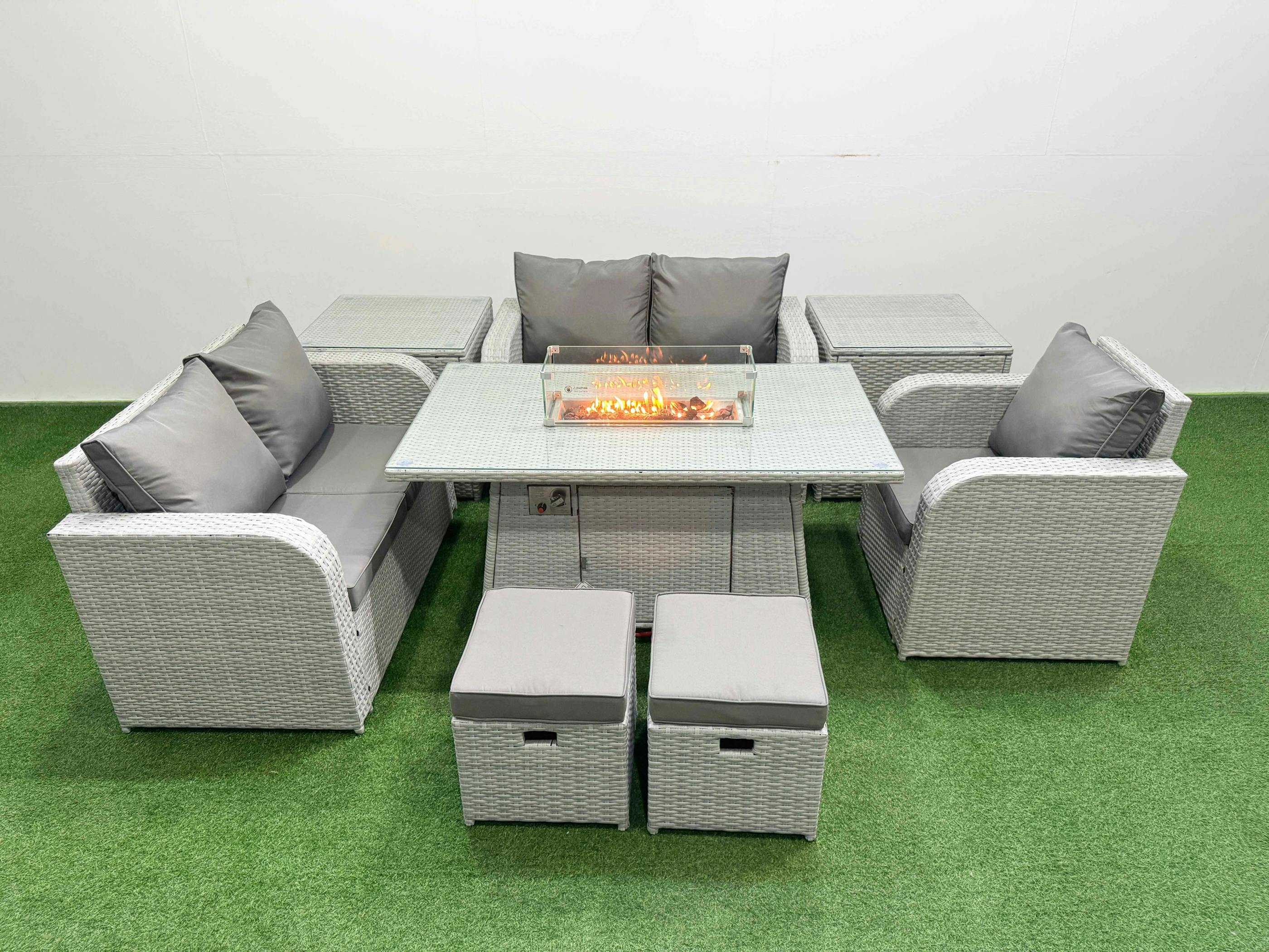 Fimous Light/Grey High Back Poly Rattan Garden Furniture Set, Reclining Chair, Loveseat, Firepit Table, Indoor Outdoor, 2 Stool, 2 Side Table,