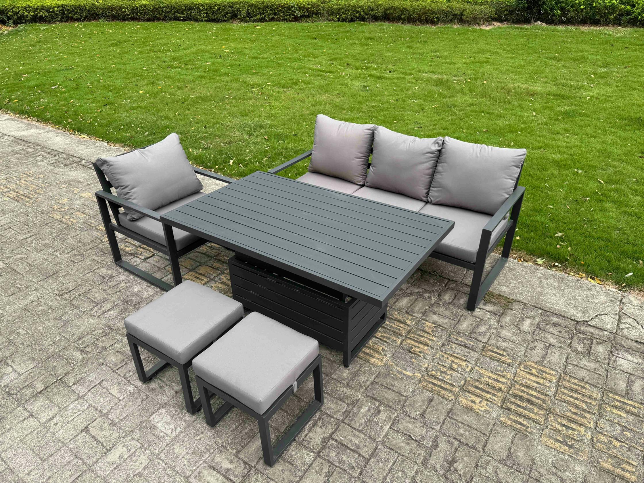 Rackhams Dark/Grey 6 Seater Aluminium Outdoor Dining Set With Adjustable Rising Dining Table Chairs With 2 Footstools