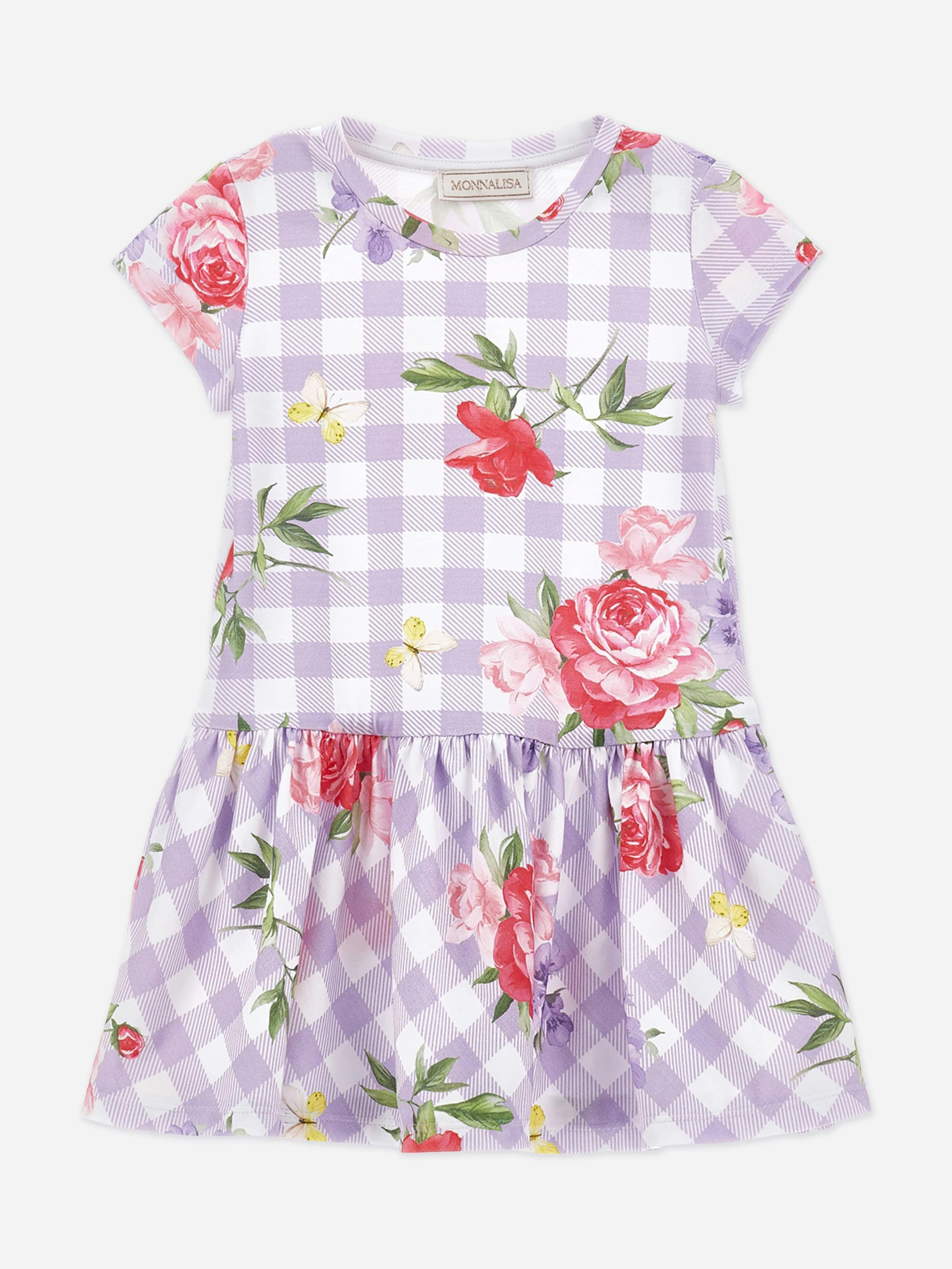 Monnalisa Girls Purple Gingham Flower Dress In - 5 Yrs
