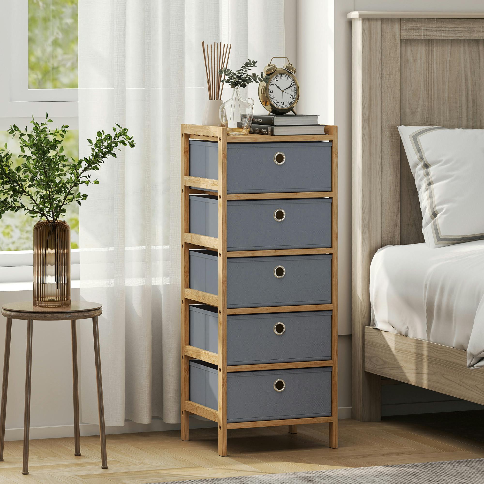 Homcom Light/Grey Chest Of Drawers, 4 Drawers Dresser With Bamboo Frame