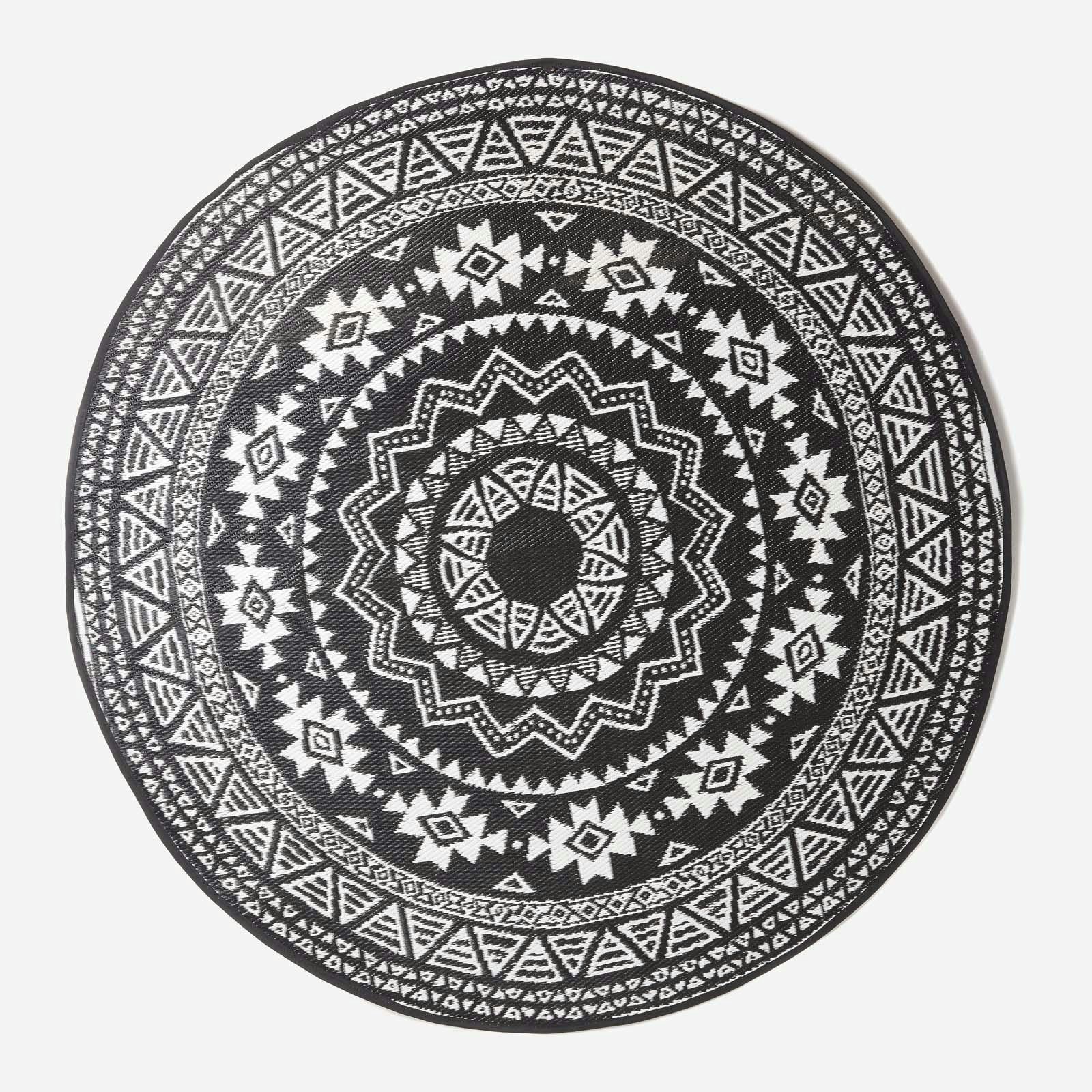 Rackhams Black/White Outdoor Rug Luxury Waterproof Reversible, For Garden, Round Motif - 180 X 180 Cm