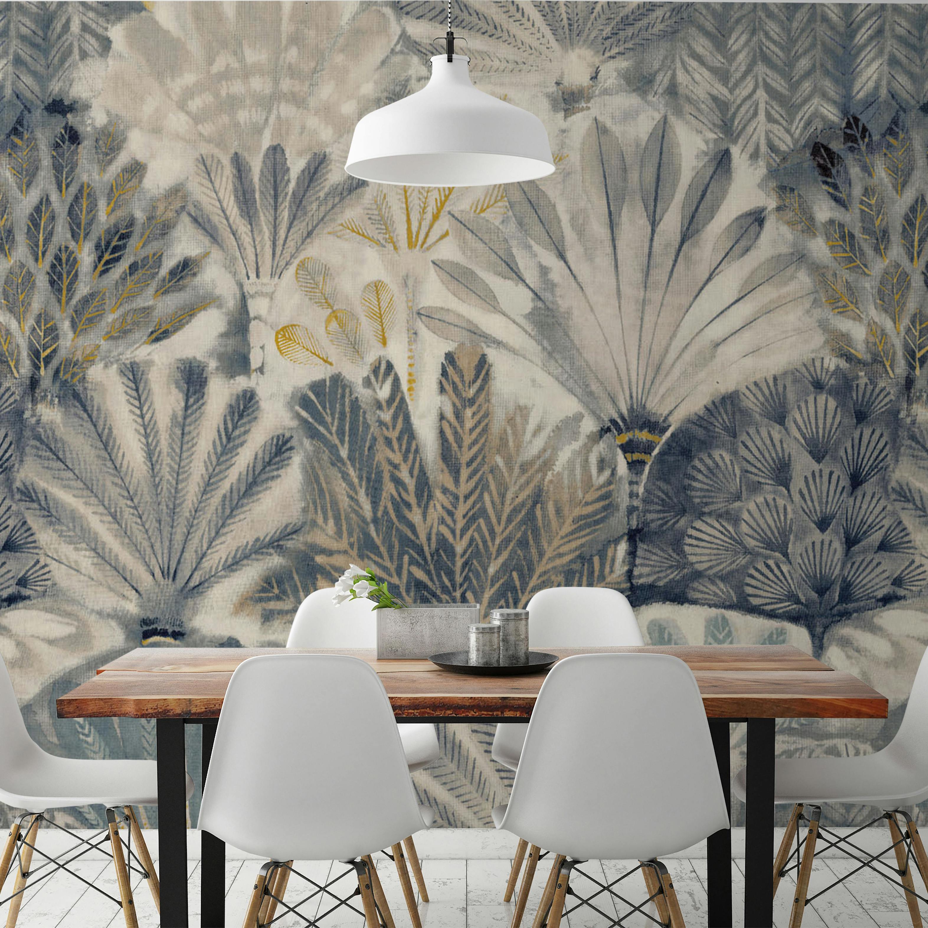 Grandeco Blue/Grey/Yellow Painted Digital Feather 7 Panel Mural 3.71 X 2.8M