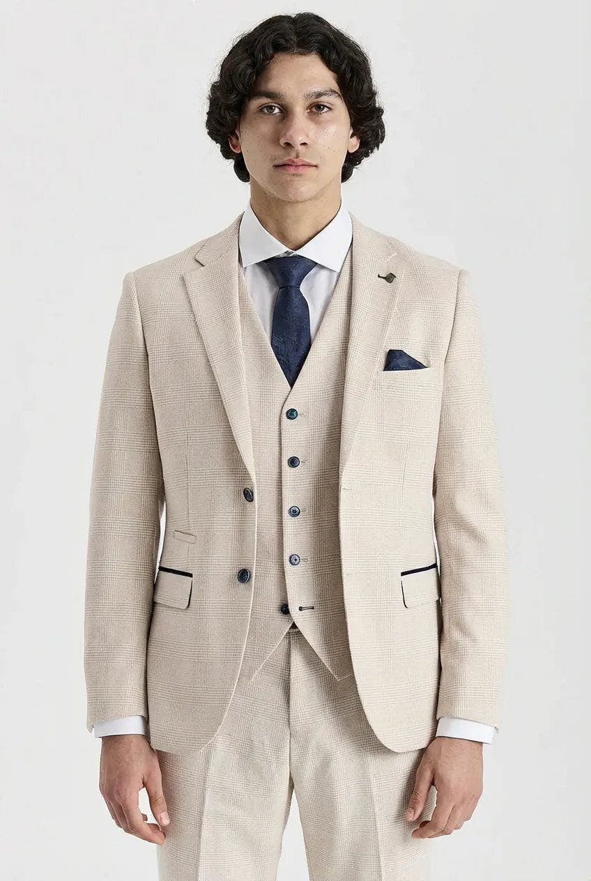 Paul Andrew Men's Cream Regent - Checked Tailored Fit Blazer - 52