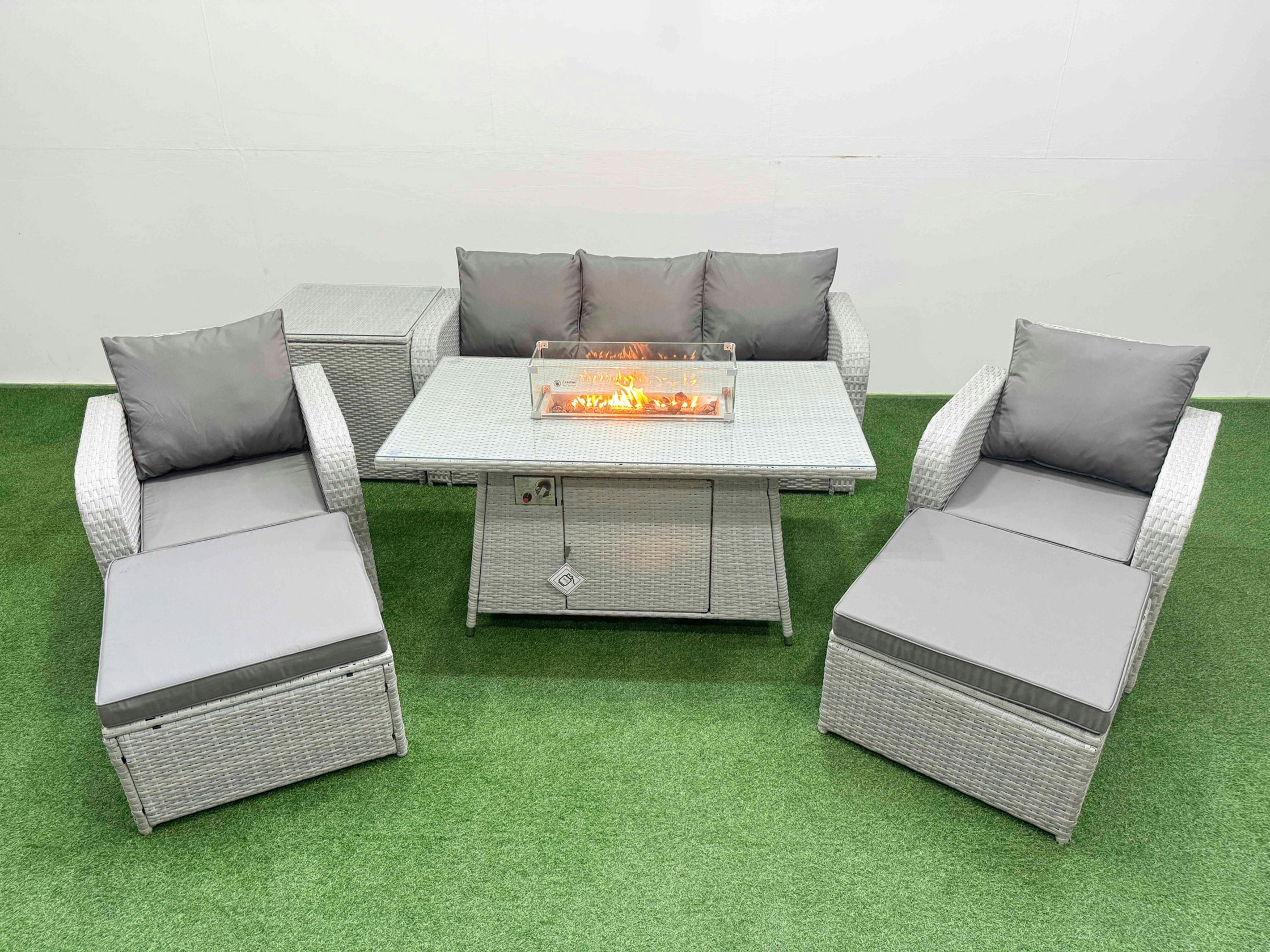 Rackhams Light/Grey Pe Rattan Garden Furniture Set Reclining Chair Sofa Lounge Sofa Set Fire Pit Dining Table Side Table 2 Big Footstool