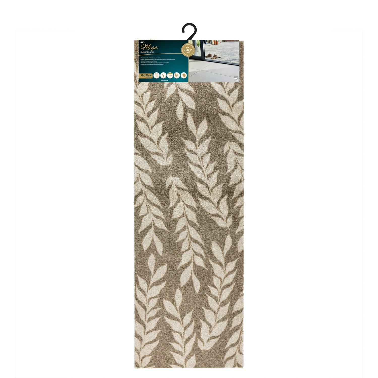 Rackhams Brown Mega Mat Machine Washable Entrance Runner, 50X150cm, Leaves