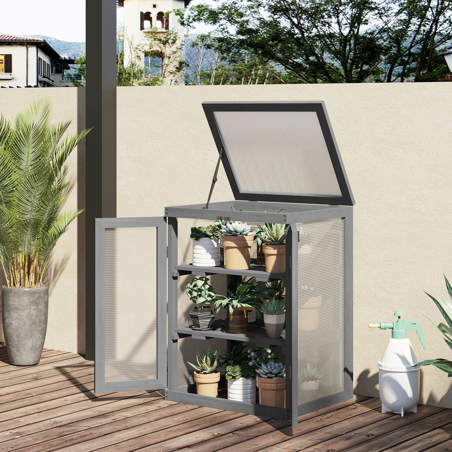 Rackhams Dark/Grey 3-Tier Wood Greenhouse Plant Storage Shelf Garden Cold Frame Grow House - 58L X 44W X 78H Cm