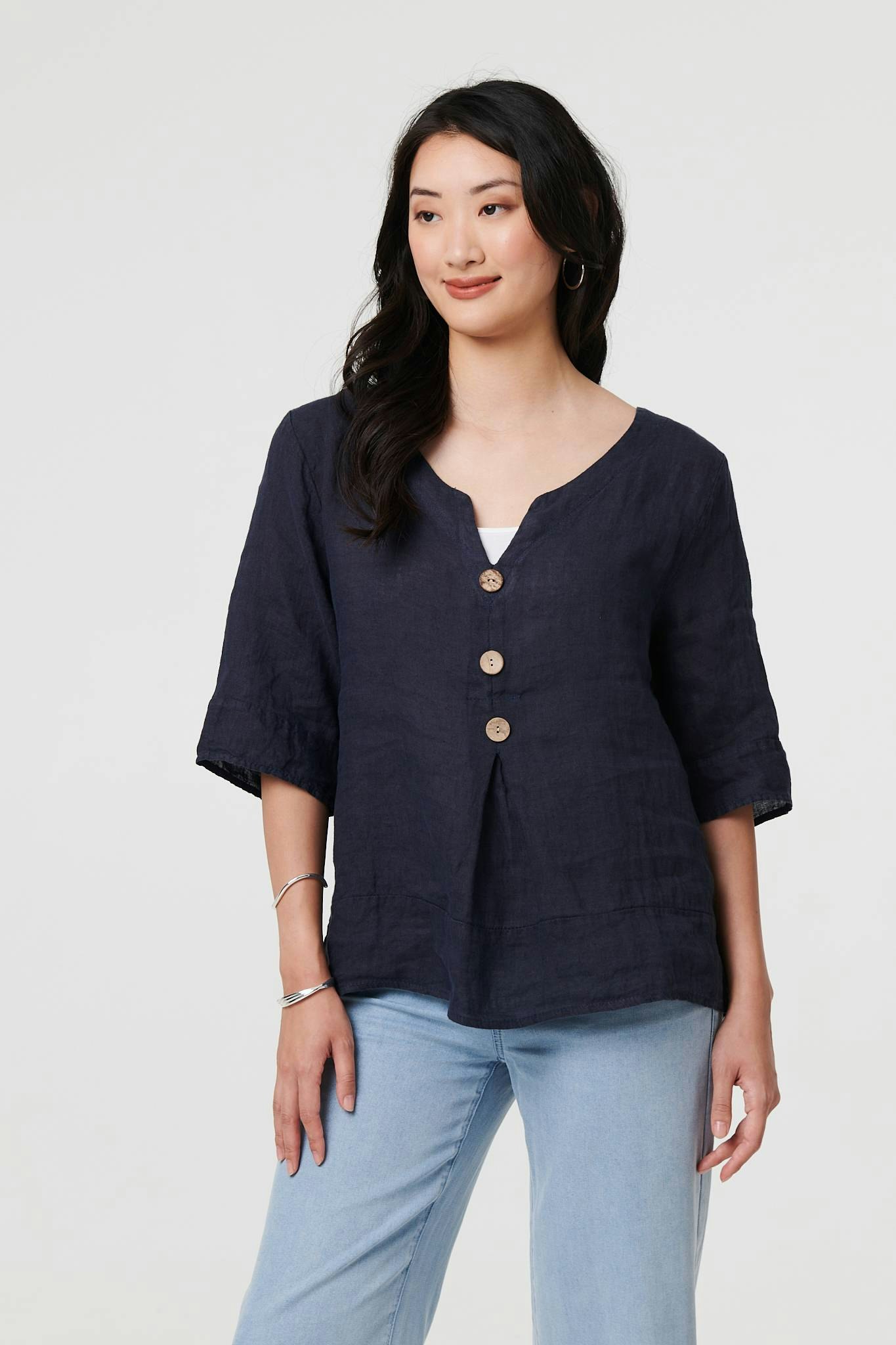 Izabel London Button Detail 3/4 Sleeve Relaxed Blouse - 12 - Navy
