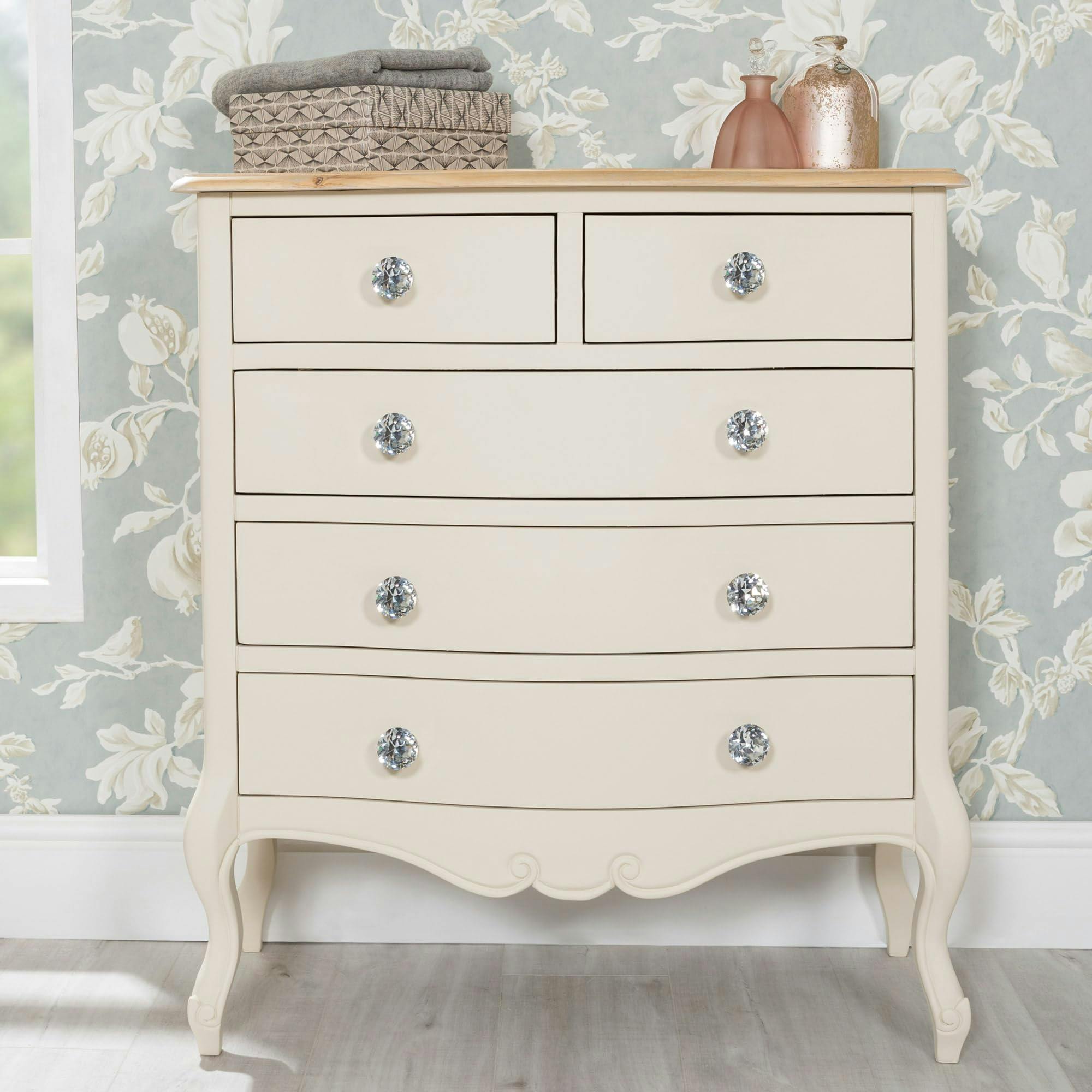 Rackhams Cream Juliette Chest Of Drawers Vintage Chic 2 Over 3 Chest With Crystal Handles - Champagne,