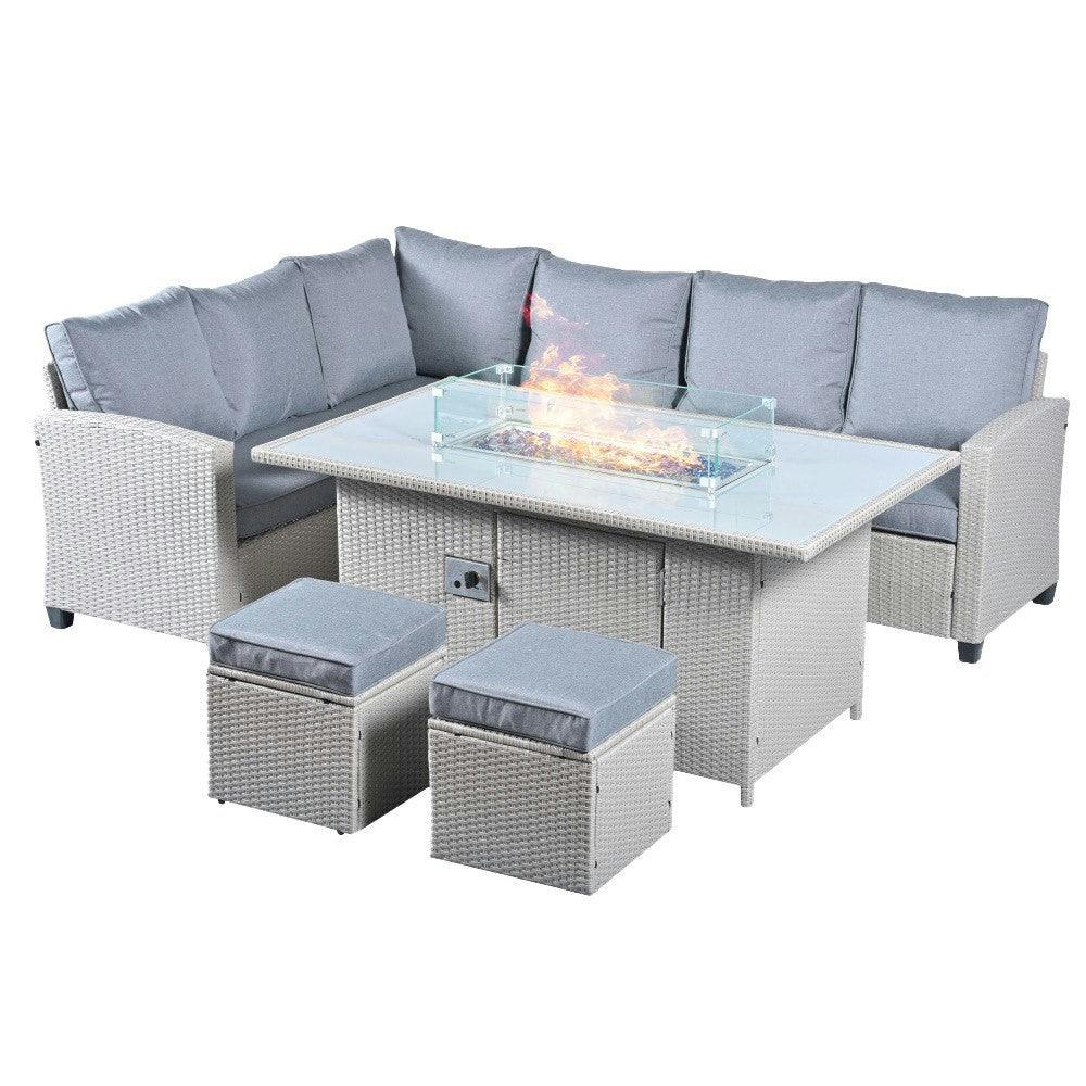 Rackhams Grey The Conwy 8 Seat Corner Gas Firepit Rattan Dining Set