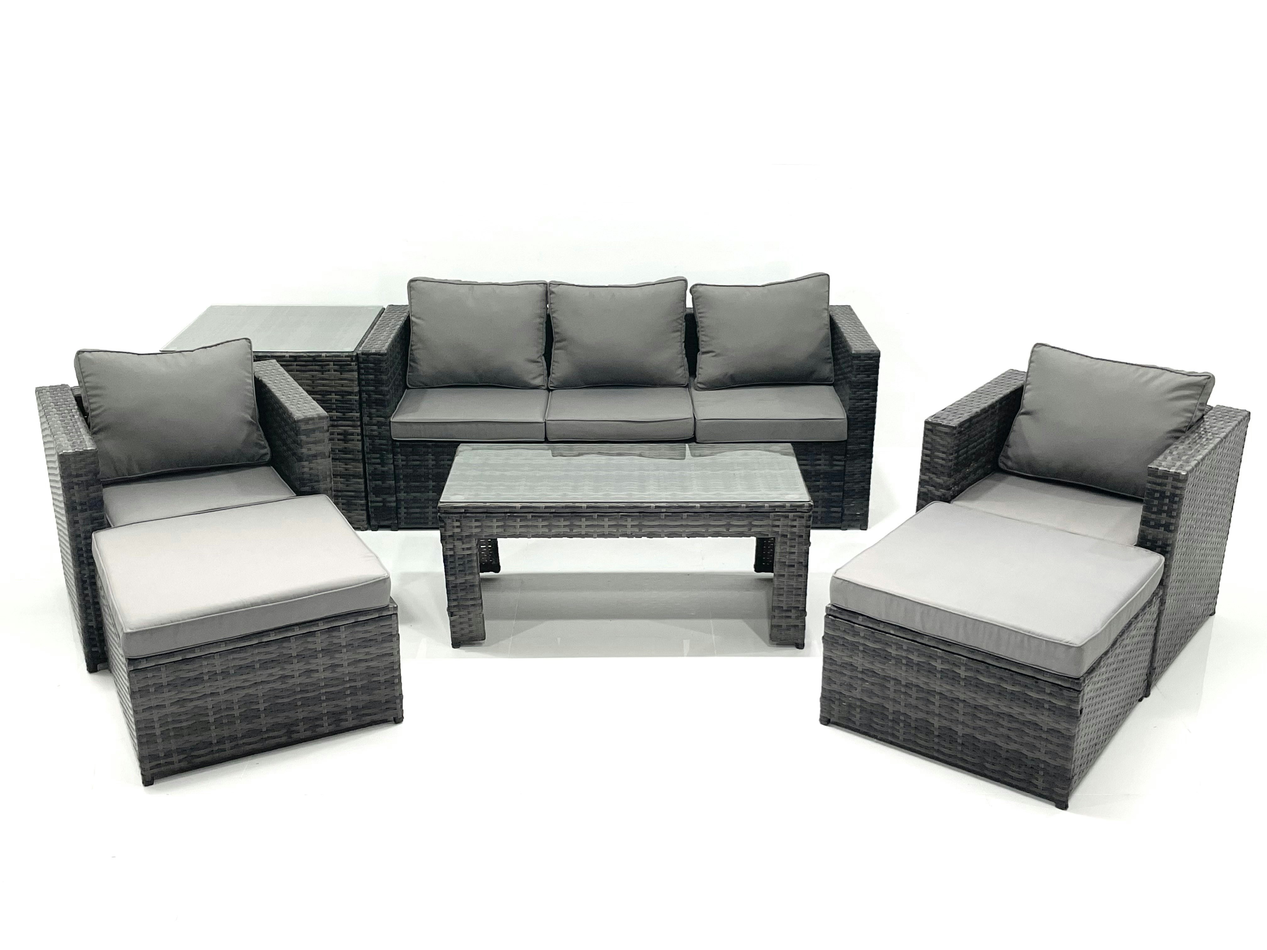 Rackhams Dark/Grey 7 Seater Rattan Garden Furniture Set Outdoor Lounger Sofa With Coffee Table 2 Armchair 2 Big Footstools Side Table Mixed