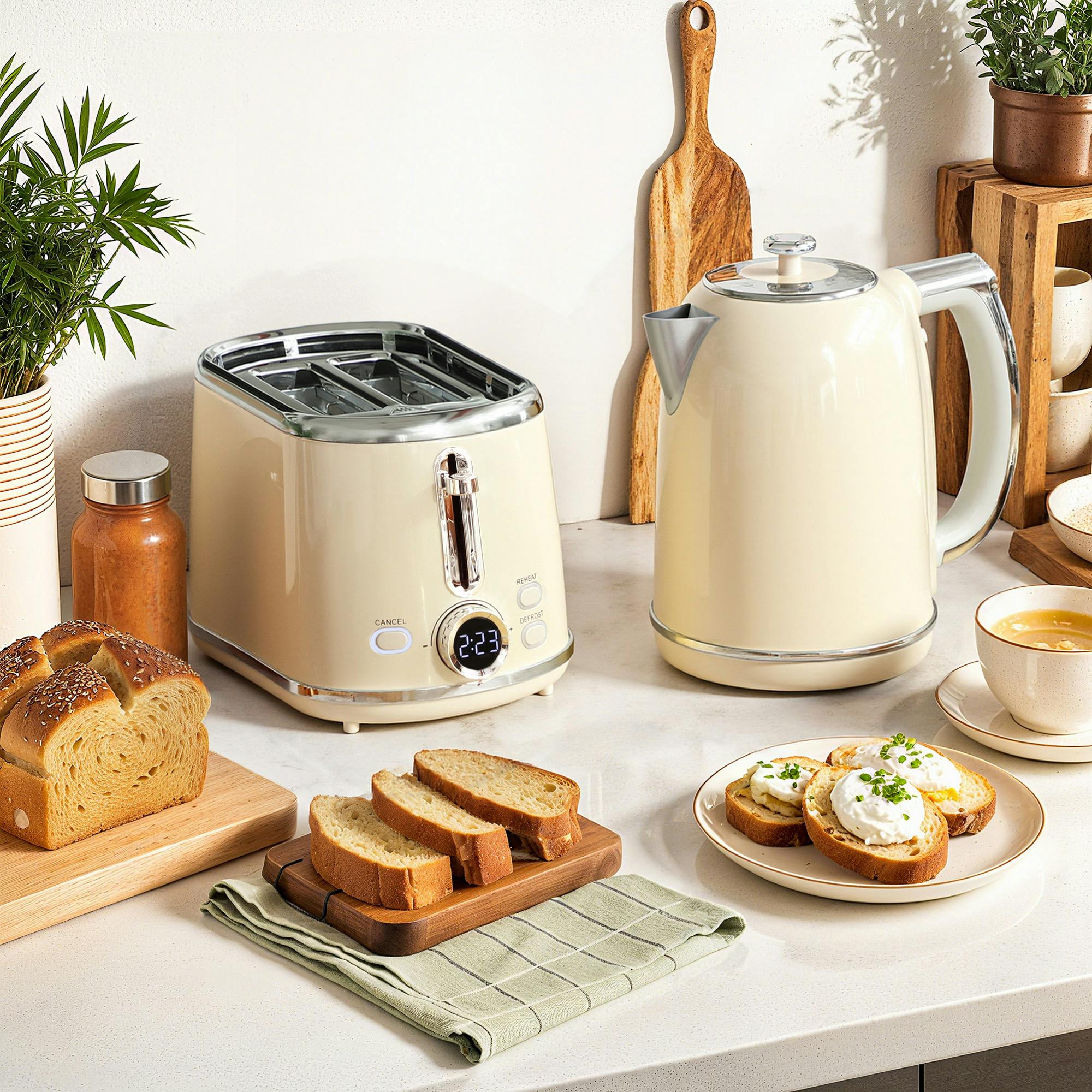 Homcom Cream 1.7L 3000W Kettle And 2 Slice Toaster With Keep Warm Memory Function