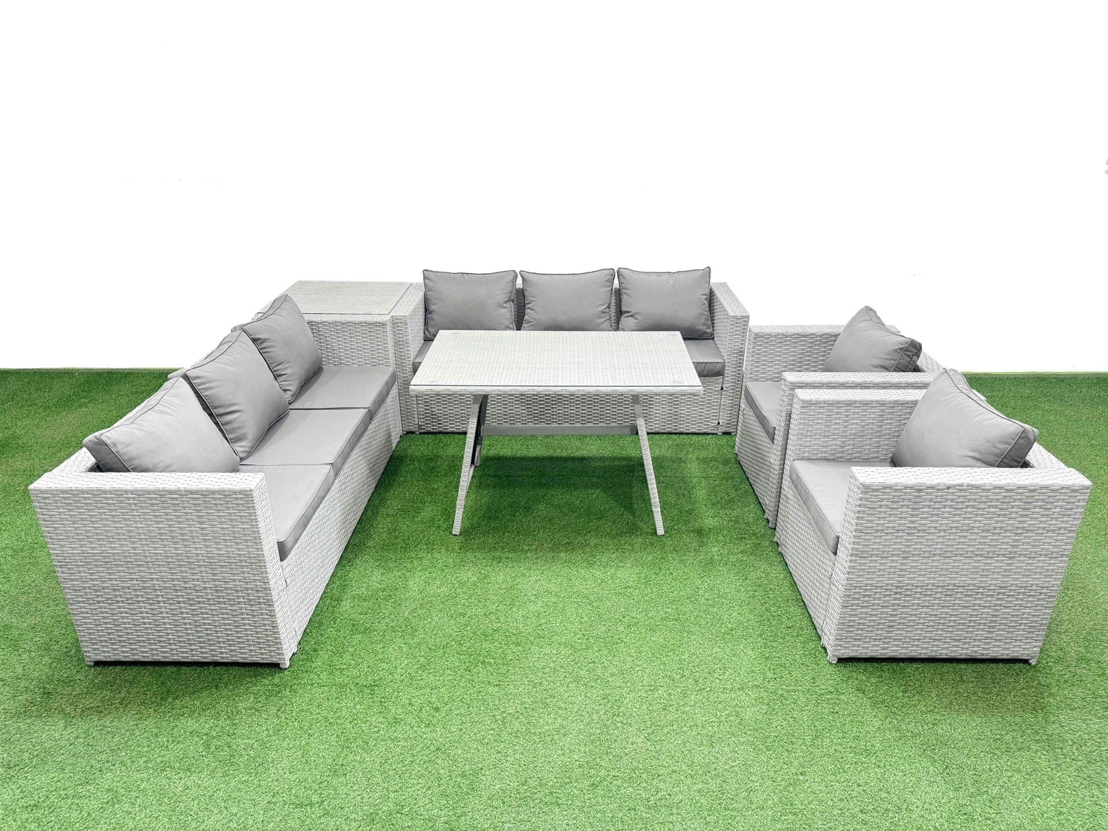 Rackhams Light/Grey 8 Seater Garden Furniture Set Pe Ratten Garden Sofa Set With Rectangular Dining Table Side Table