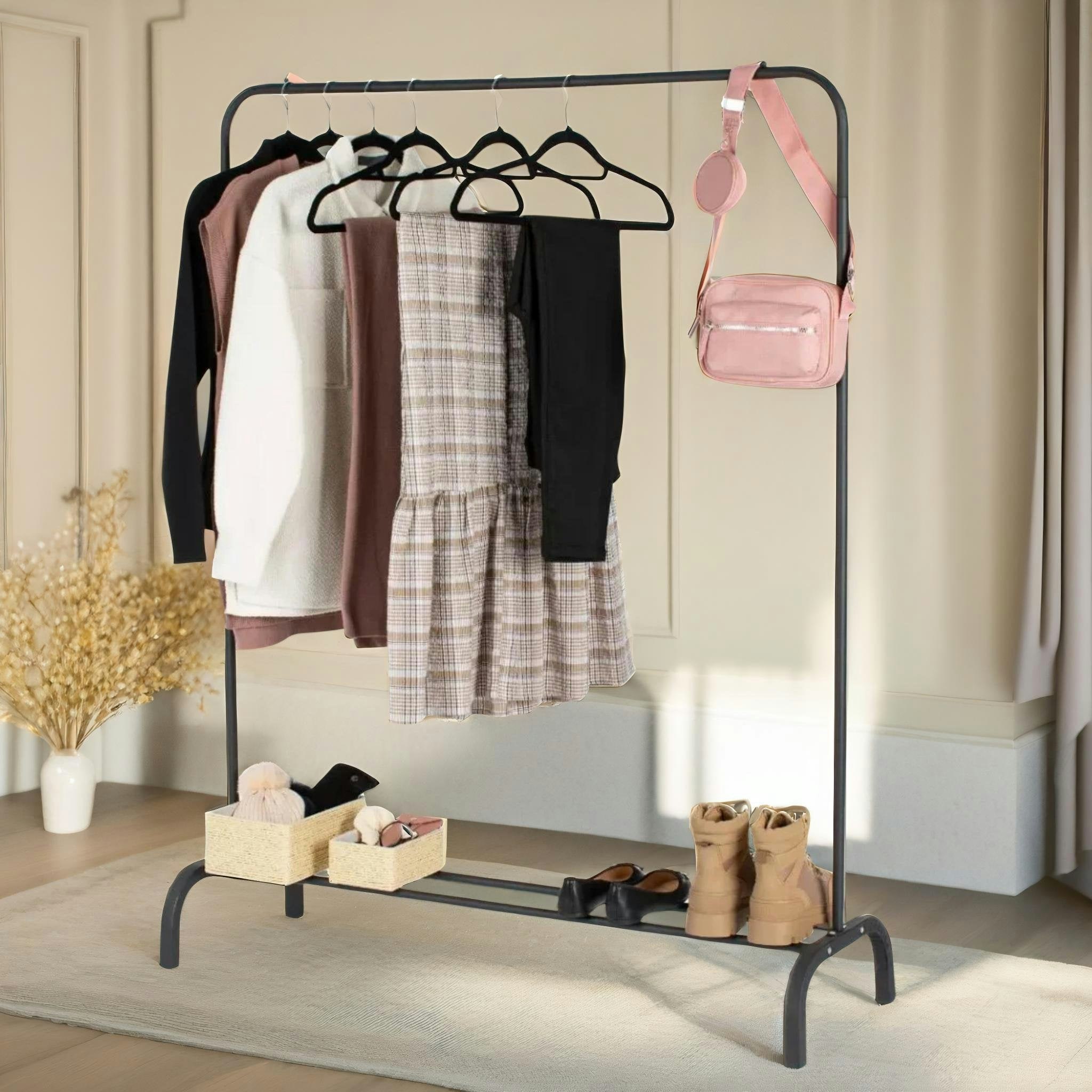Rafaelo Mobilia Black Heavy Duty Metal Clothing Rail With Storage Shelf