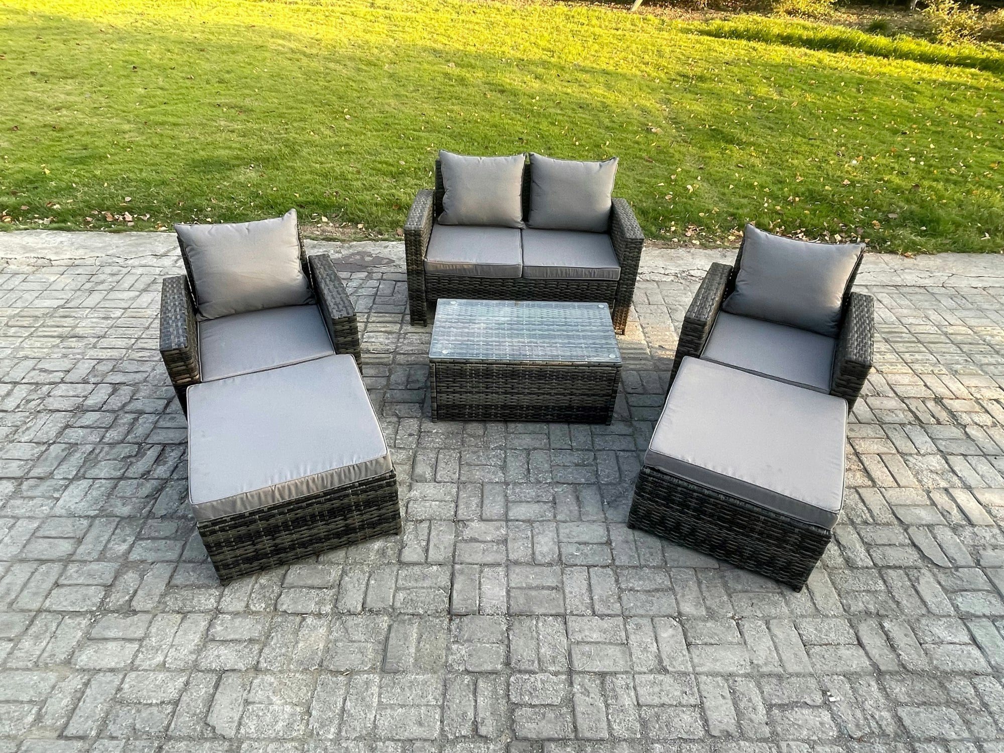 Fimous Dark/Grey Outdoor Rattan Garden Furniture Set 6 Seater Patio Lounge Sofa Set With Coffee Table 2 Big Footstool Mixed