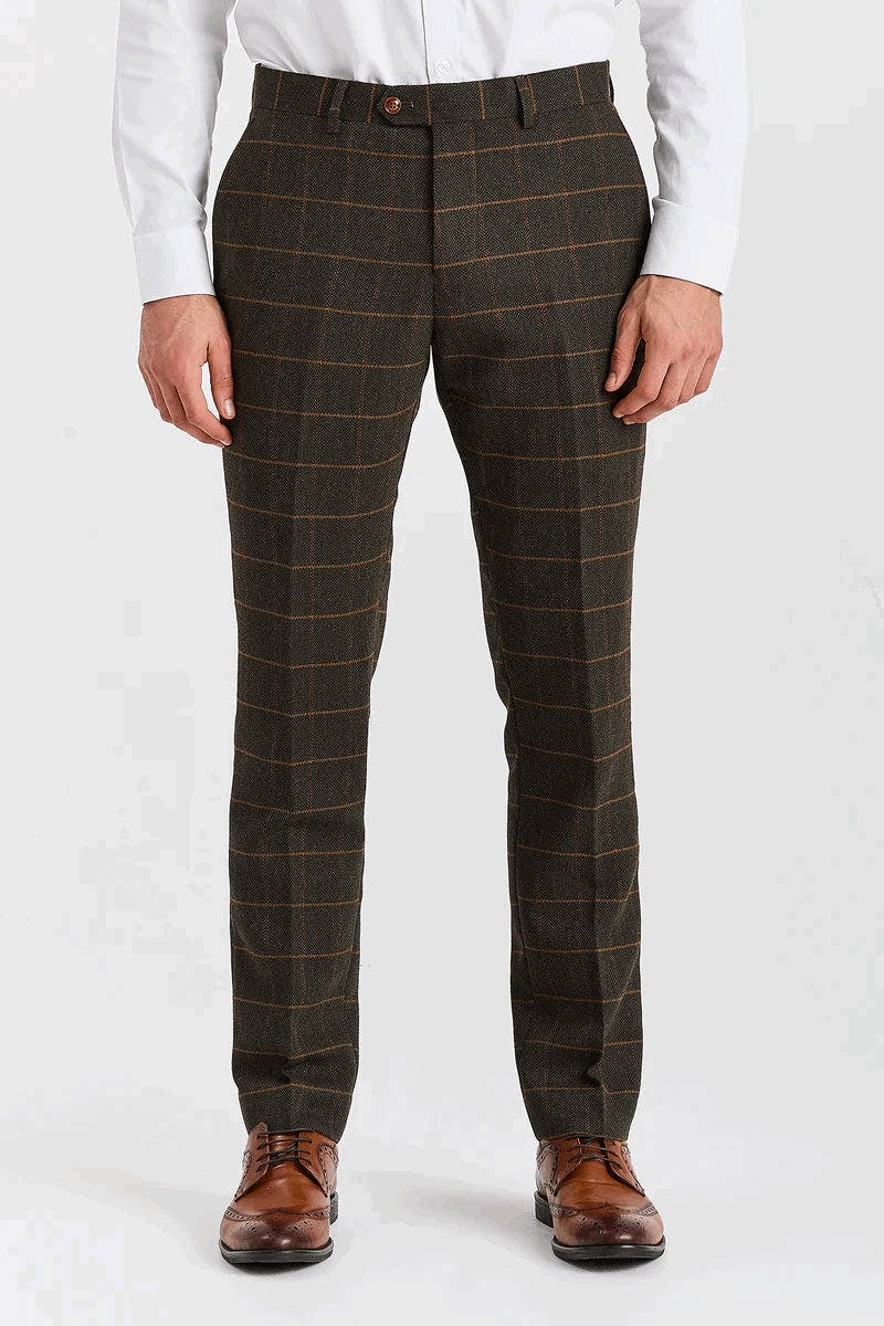 Paul Andrew Men's Green Harris - Tweed Herringbone Check Trousers - 42W 32L