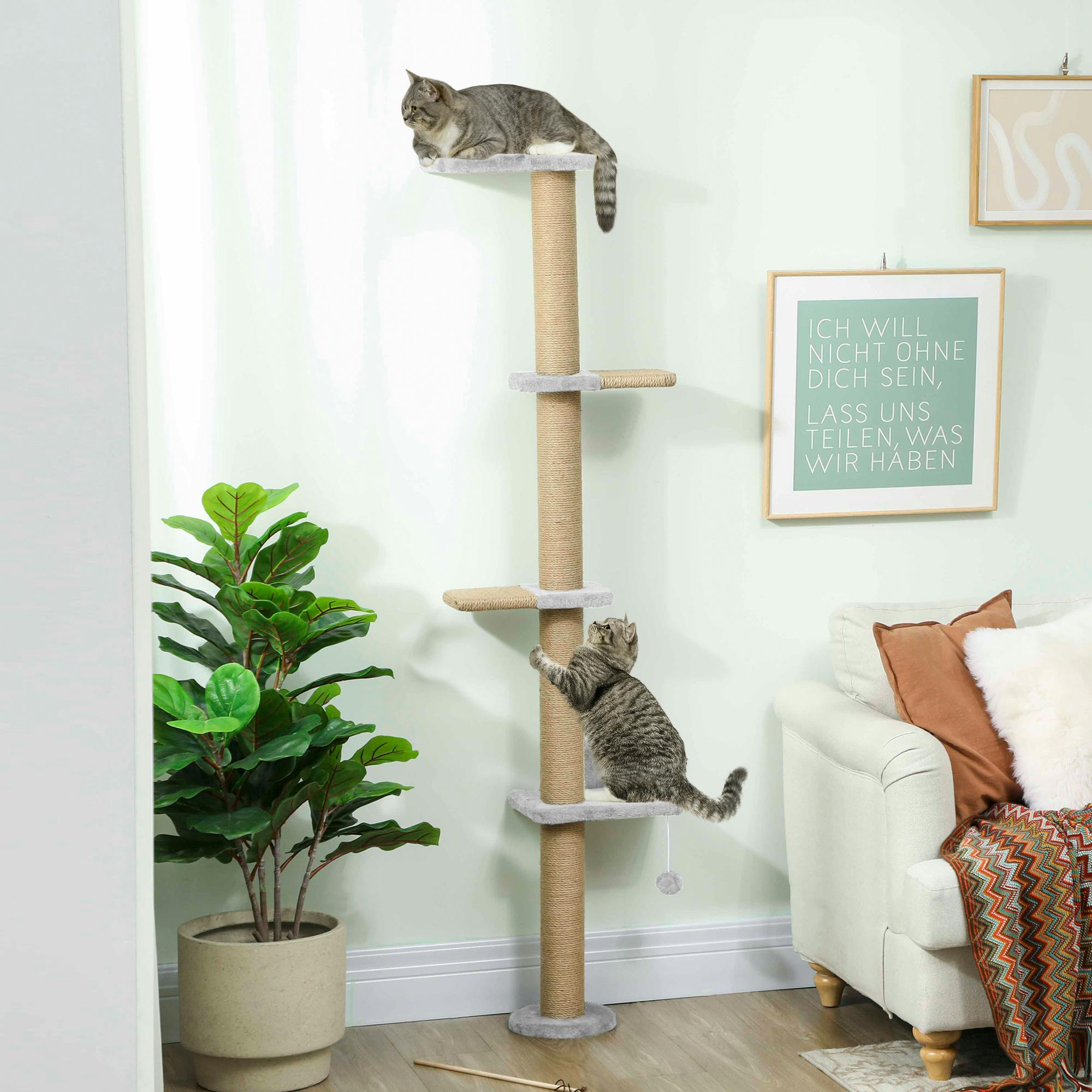 Pawhut Light/Grey Wall Mounted Cat Shelves With 4 Climbing Platforms For Indoor, - Particle Board, Plush, Jute - 1