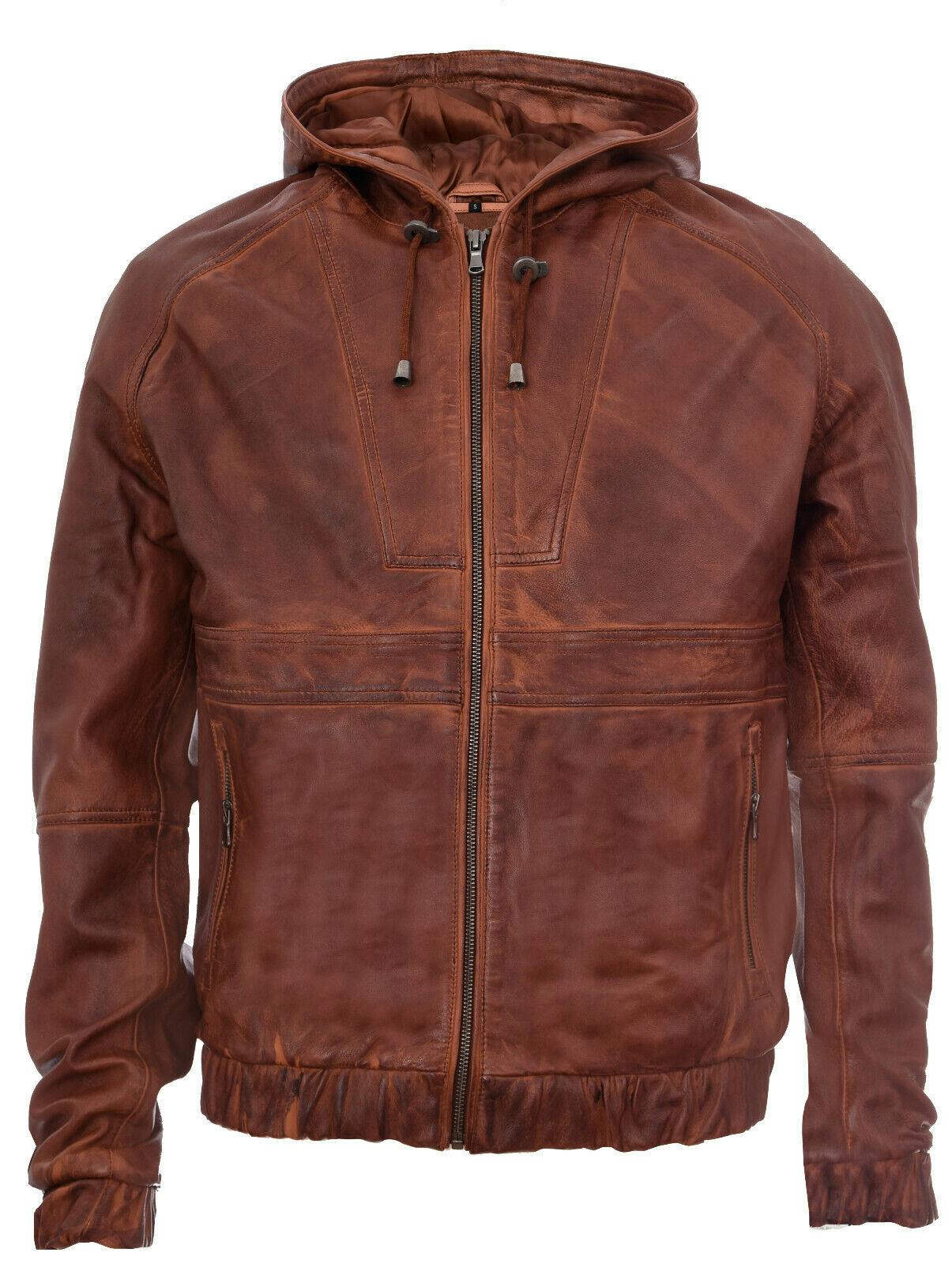 Infinity Leather Men's Vintage Zipped Leather Hooded Bomber Biker Jacket - Tan - Uk 4XL | Eu 58 | Us 48