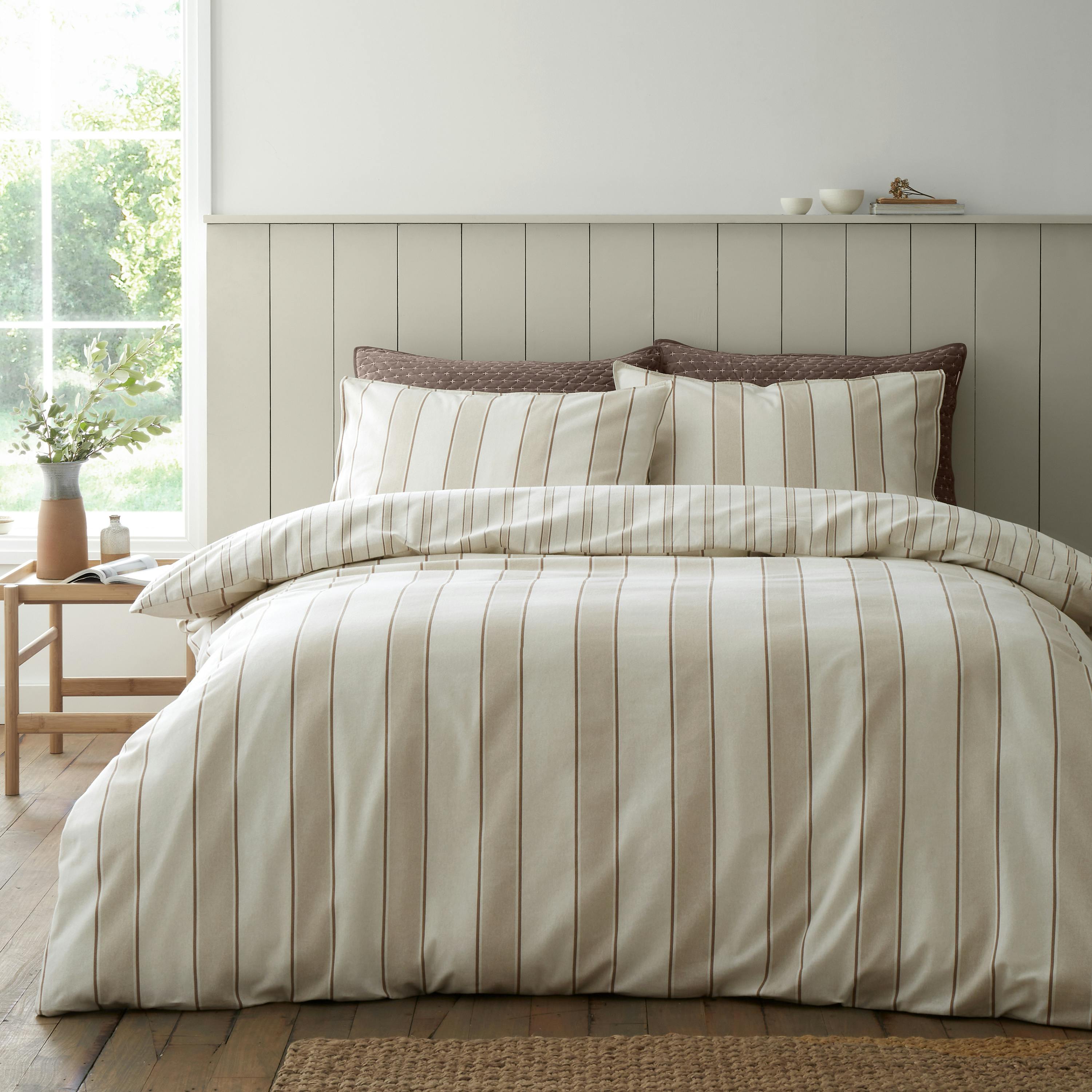 Rackhams Ivory Brushed Regal Stripe Cotton Reversible Duvet Cover Set Natural - Super King - Natural