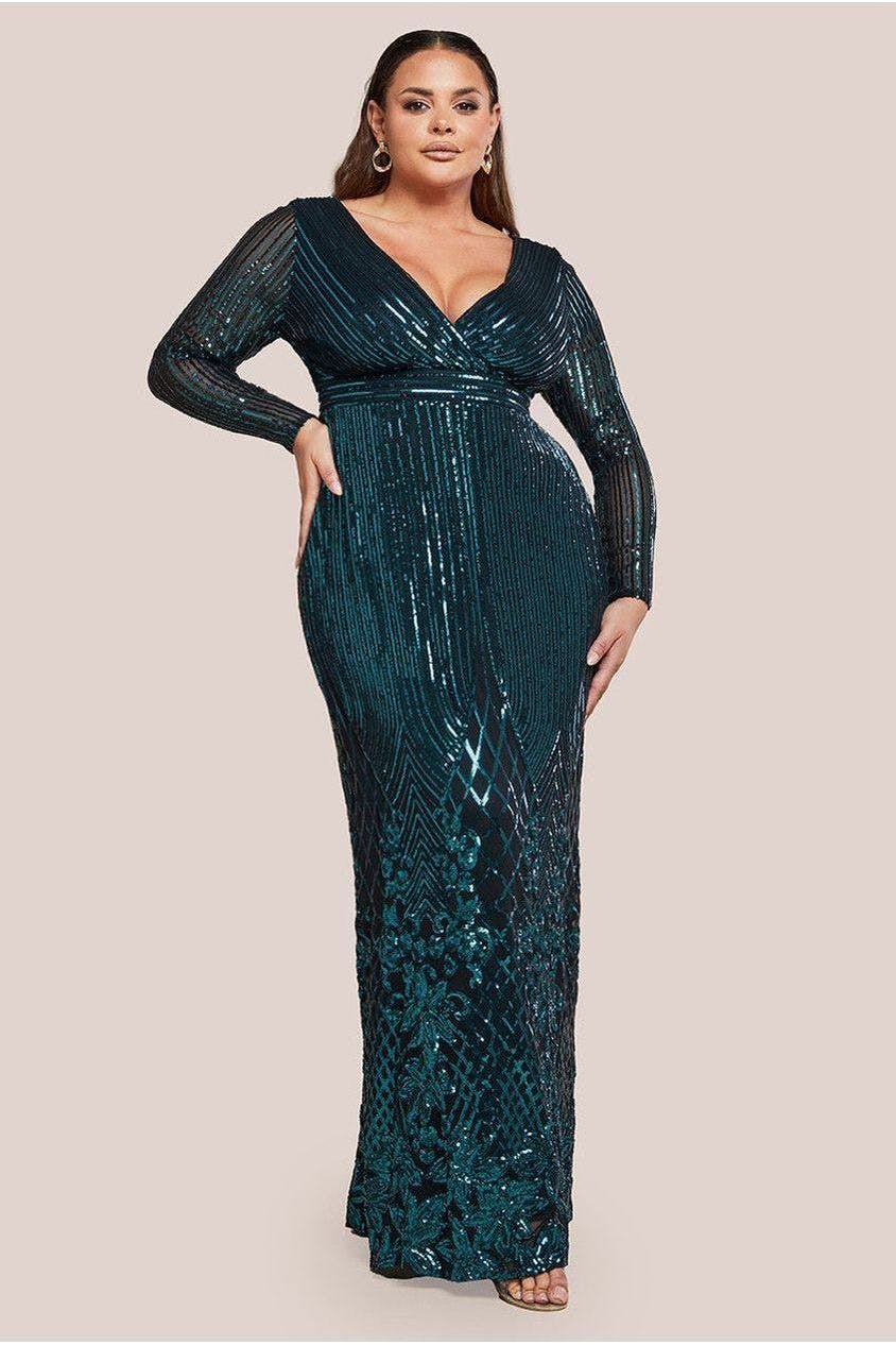 Goddiva Plus Green Long Sleeve Sequin V Wrap Maxi Dress - Emerald By - Emerald - 26
