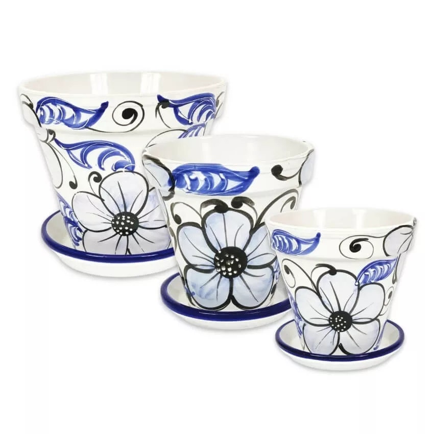 Rackhams Blue Classic Flower Plant Pots - Set Of 3 - 3 X Classic Pots With Drainage Plates - Terracotta