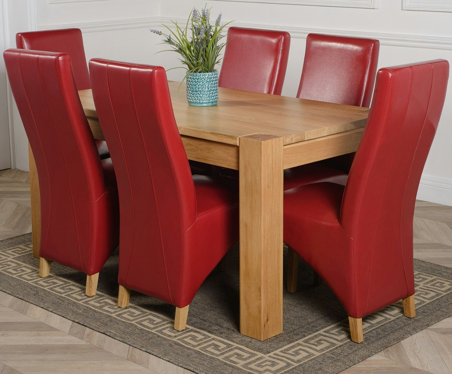 Rackhams Burgundy Kuba Medium Oak Dining Table With Lola Leather Chairs - 6 Chairs