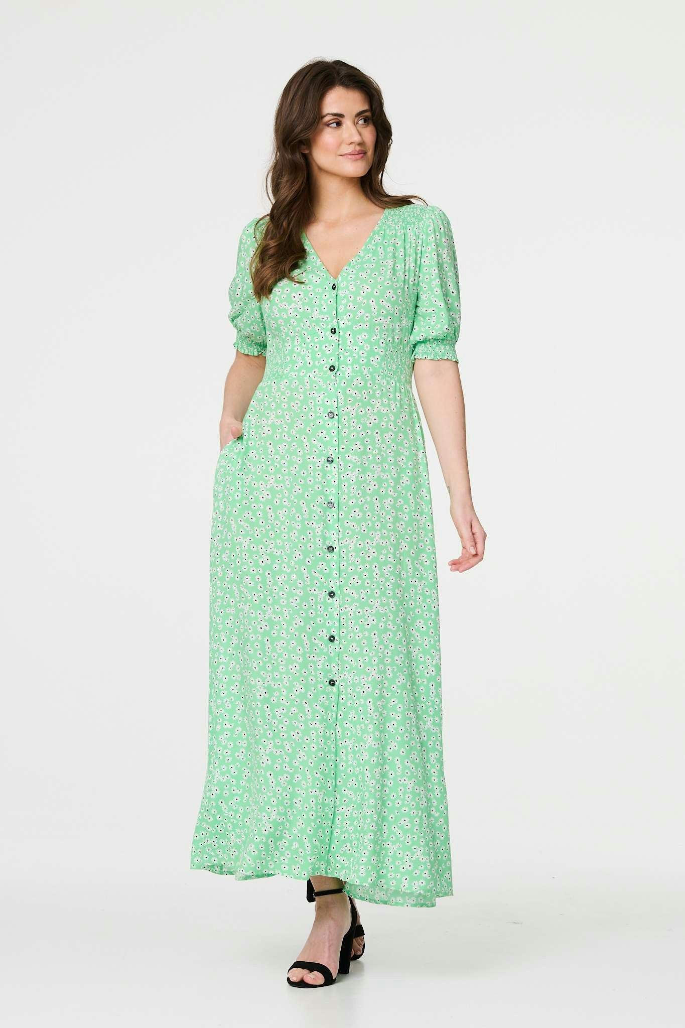 Izabel London Green Ditsy Floral 1/2 Puff Sleeve Maxi Dress - 8