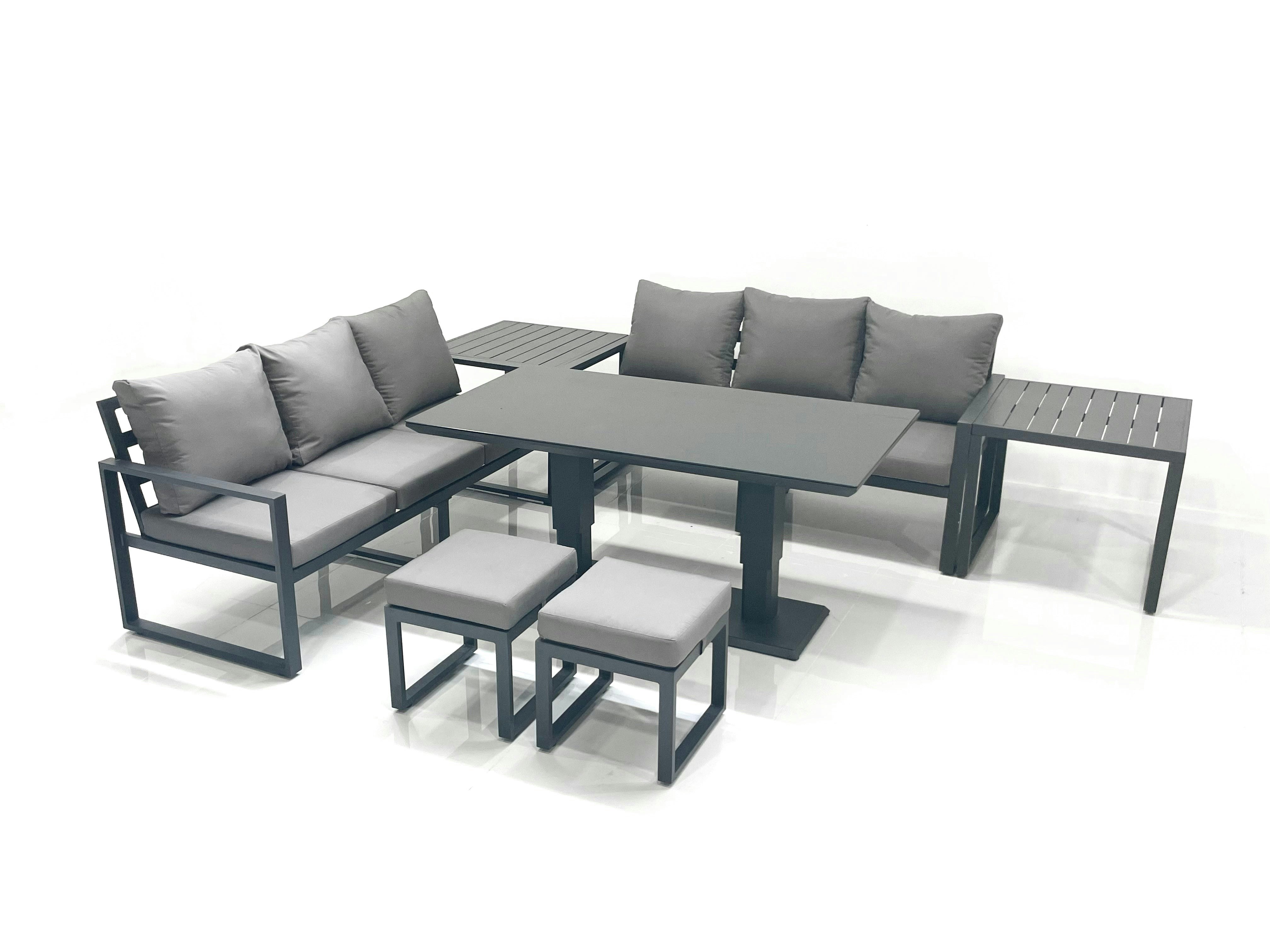 Rackhams Dark/Grey 8 Seater Aluminium Outdoor Garden Furniture Set With Adjustable Rising Dining Table 3 Seater Sofa 2 Small Footstool 2 Side Tables