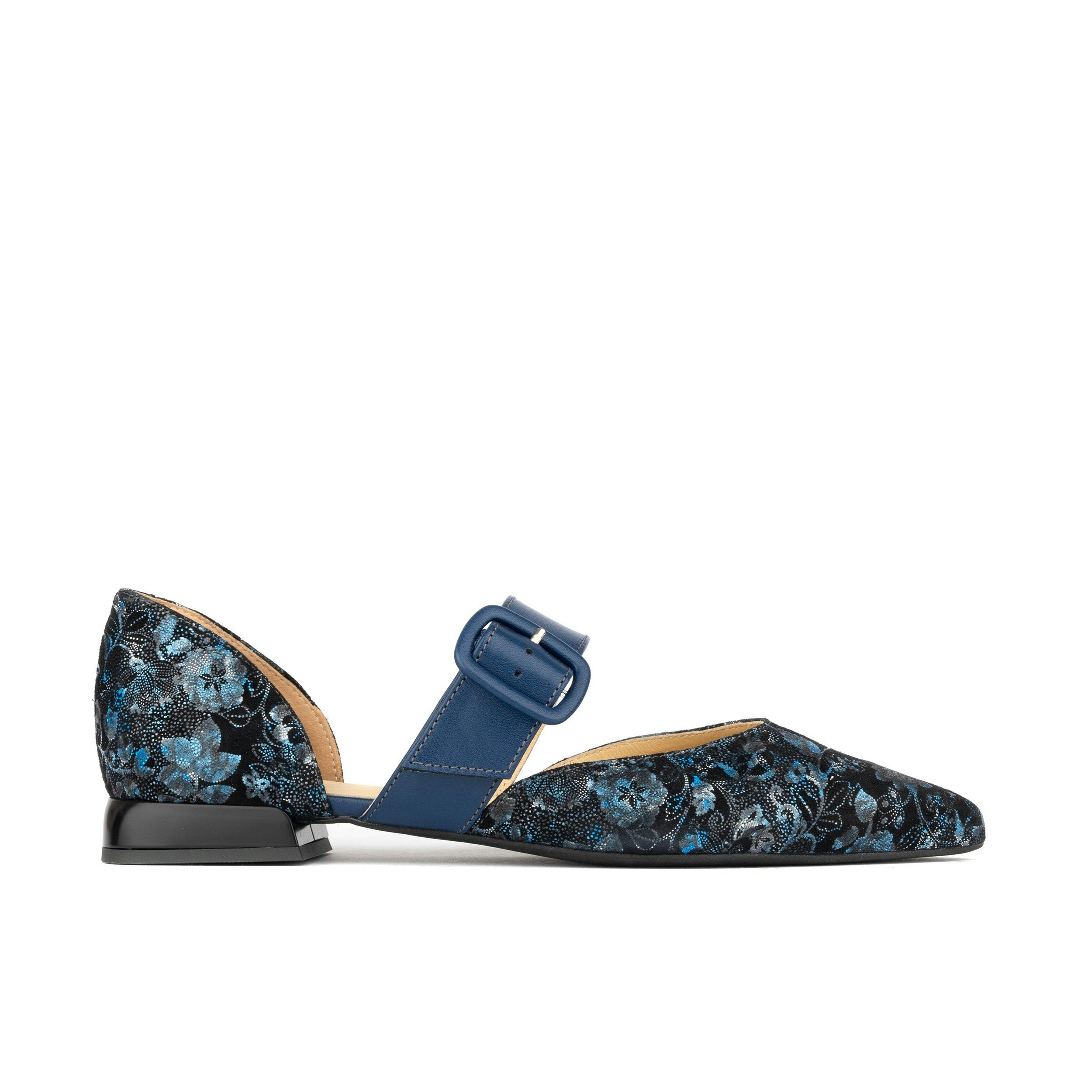 Embassy London Women's Lush - Navy & Floral - Leather Pointed Ballet Pump With Buckle Strap - Uk 8 / Eu 41 / Us 10