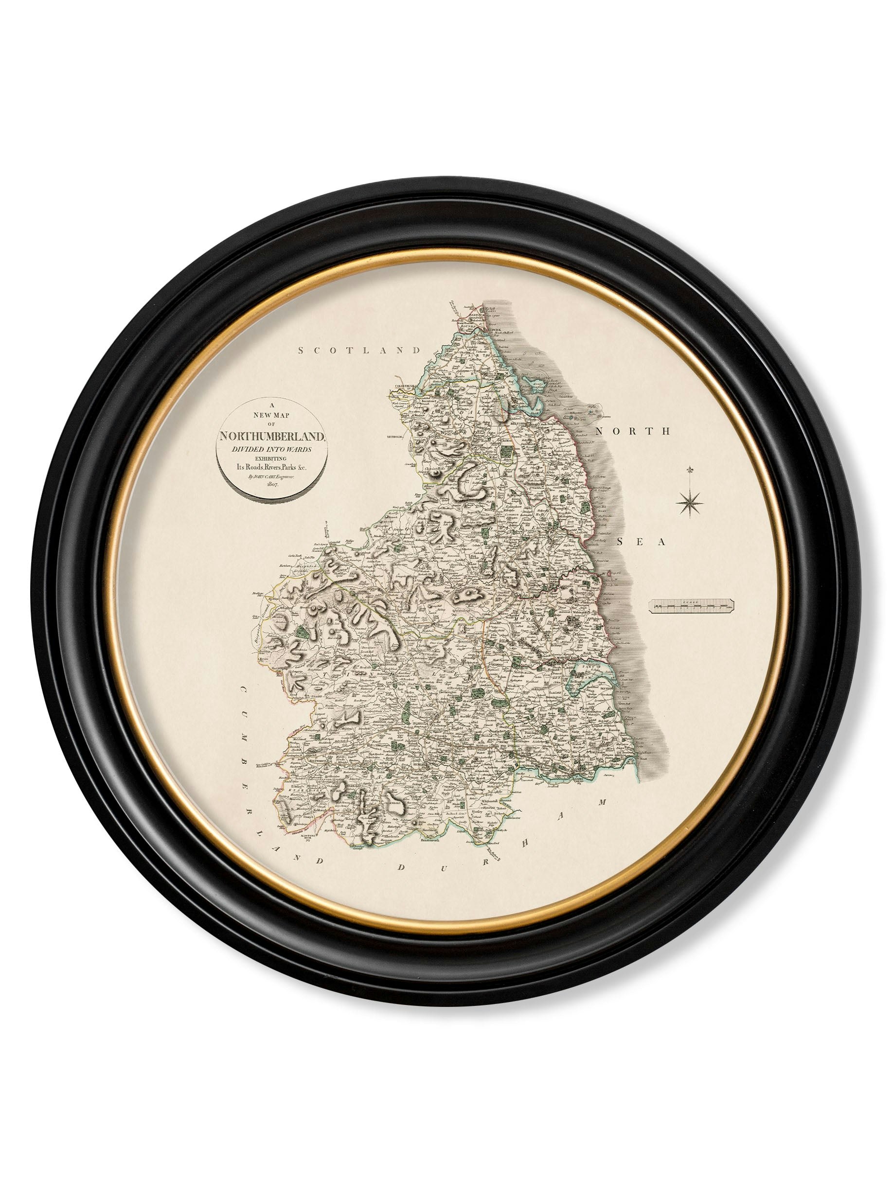 Exceptional Art Black C.1806 County Maps Of England - Round - 96 X 96Cm - Northumberland