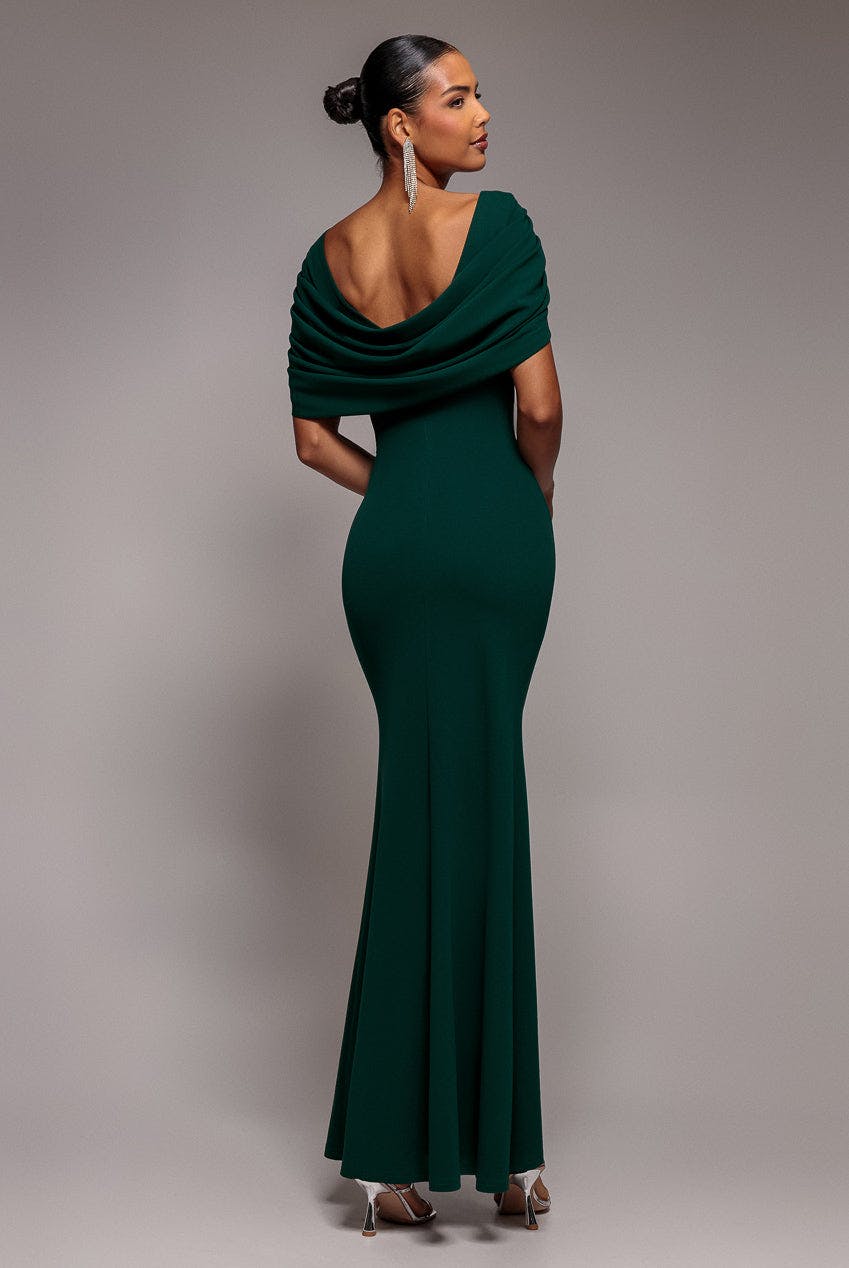 Goddiva Green V Neck Cowl Back Pleated Sleeve Scuba Maxi Dress - Emerald By - Emerald - 16