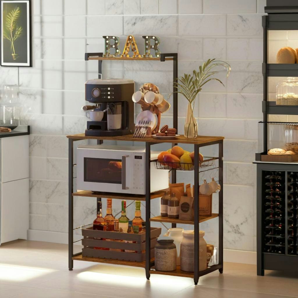 Rafaelo Mobilia Brown 4 Tier Kitchen Bakers Rack With Shelves And Hooks Rustic