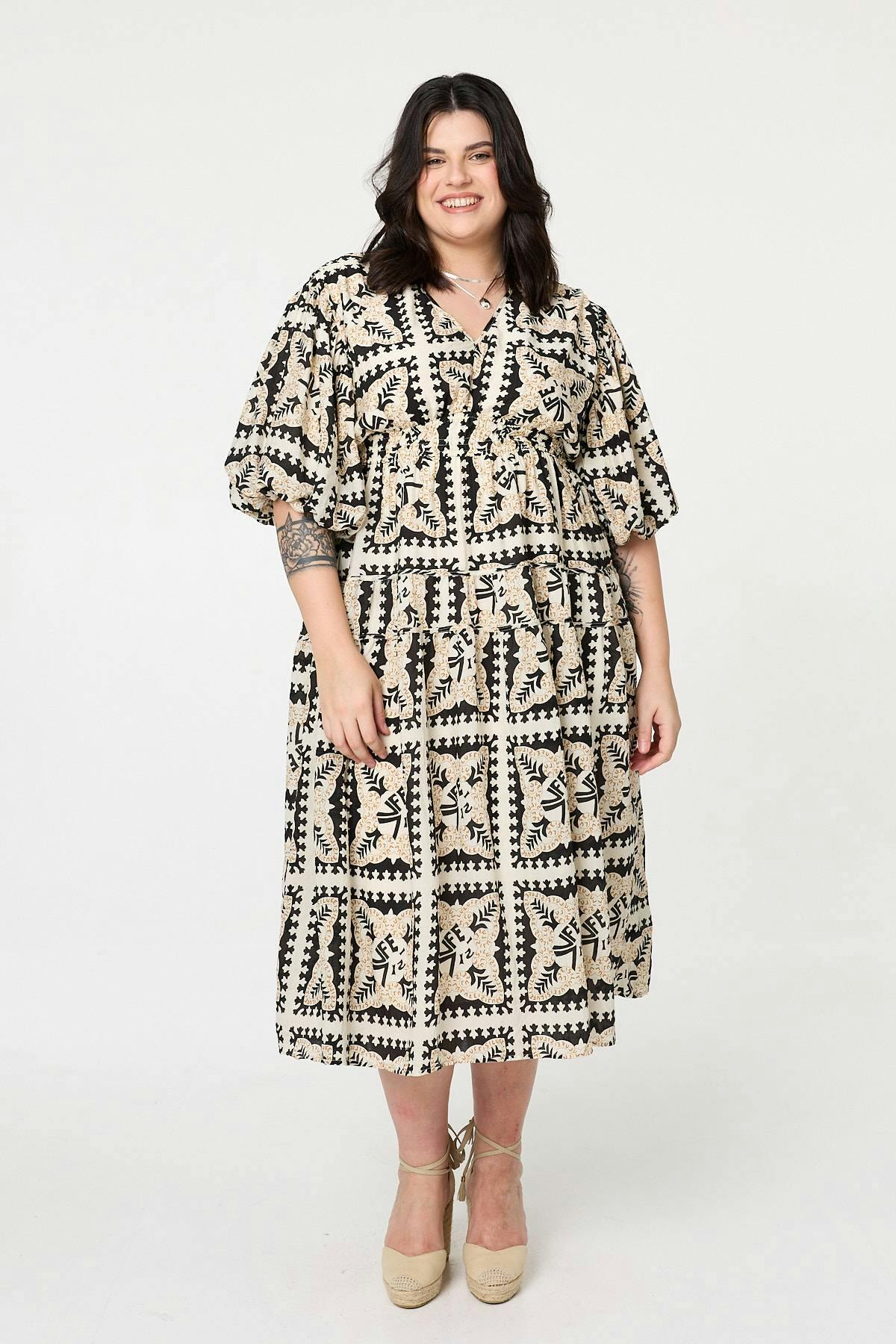 Izabel London Black Mosaic Print 1/2 Puff Sleeve Midi Dress - 18