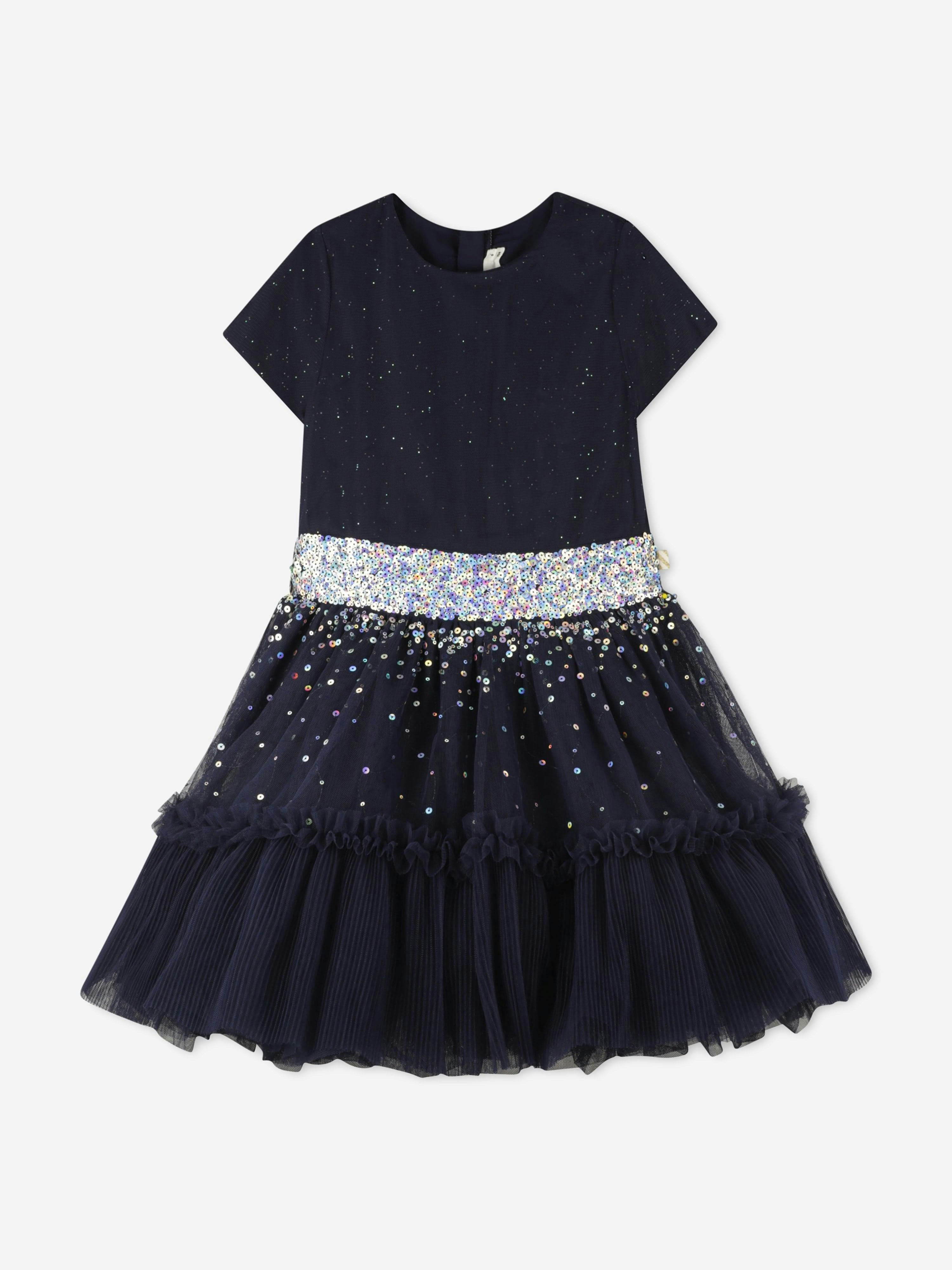 Billieblush Girls Blue Velvet And Mesh Sequin Dress In Navy - 3 Yrs