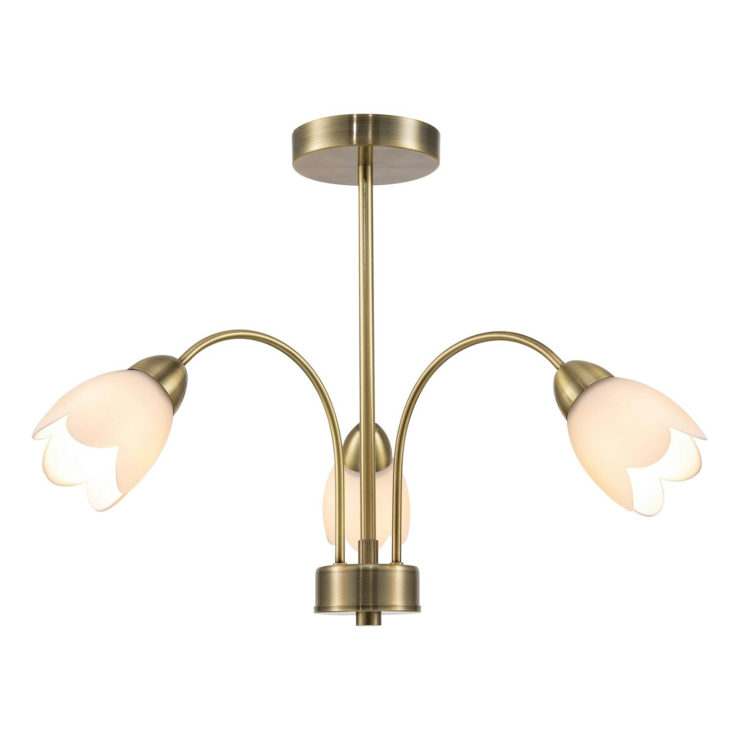 Happy Homewares Light/White Contemporary Ceiling Lamp Fitting In Antique Brass With Opal Petal Glass Shades 39Cm
