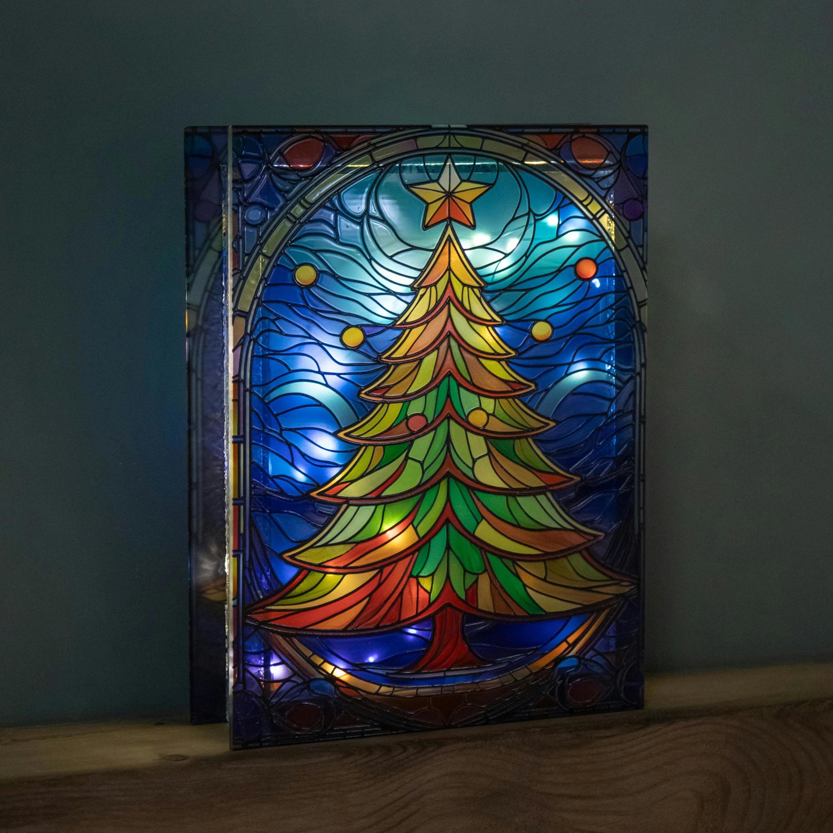 Rackhams Light 28Cm Battery Operated Up Christmas Tree Stained Glass Decoration With Leds