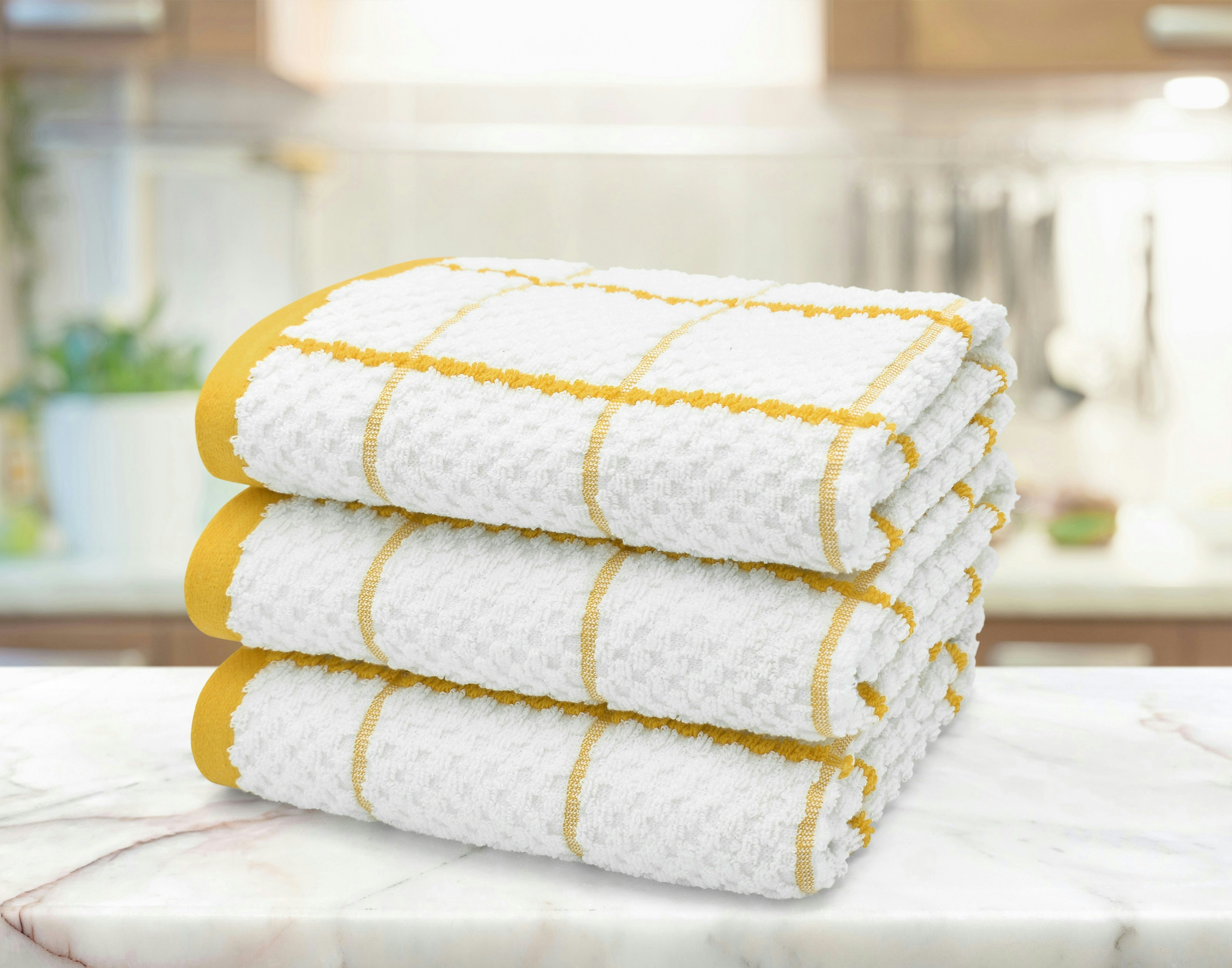 Rackhams Yellow Embroiderd Woven Checked Cotton Tea Towel 3 Pack - One Size