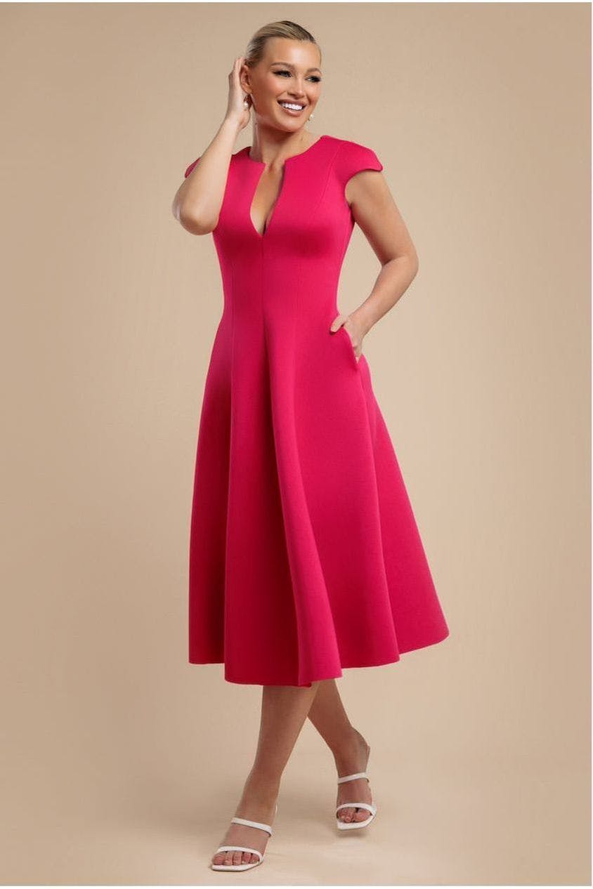 Goddiva Magenta Cap Sleeve Plunging V-Neckline A-Line Midi Dress - By - 12