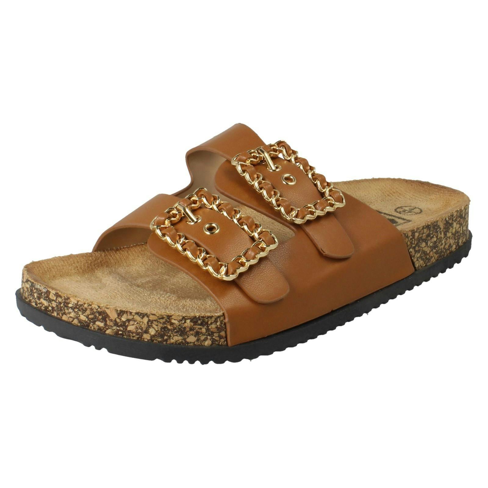 Down To Earth Women's Brown Twin Chain Buckle Sandals F00450 - Uk 5