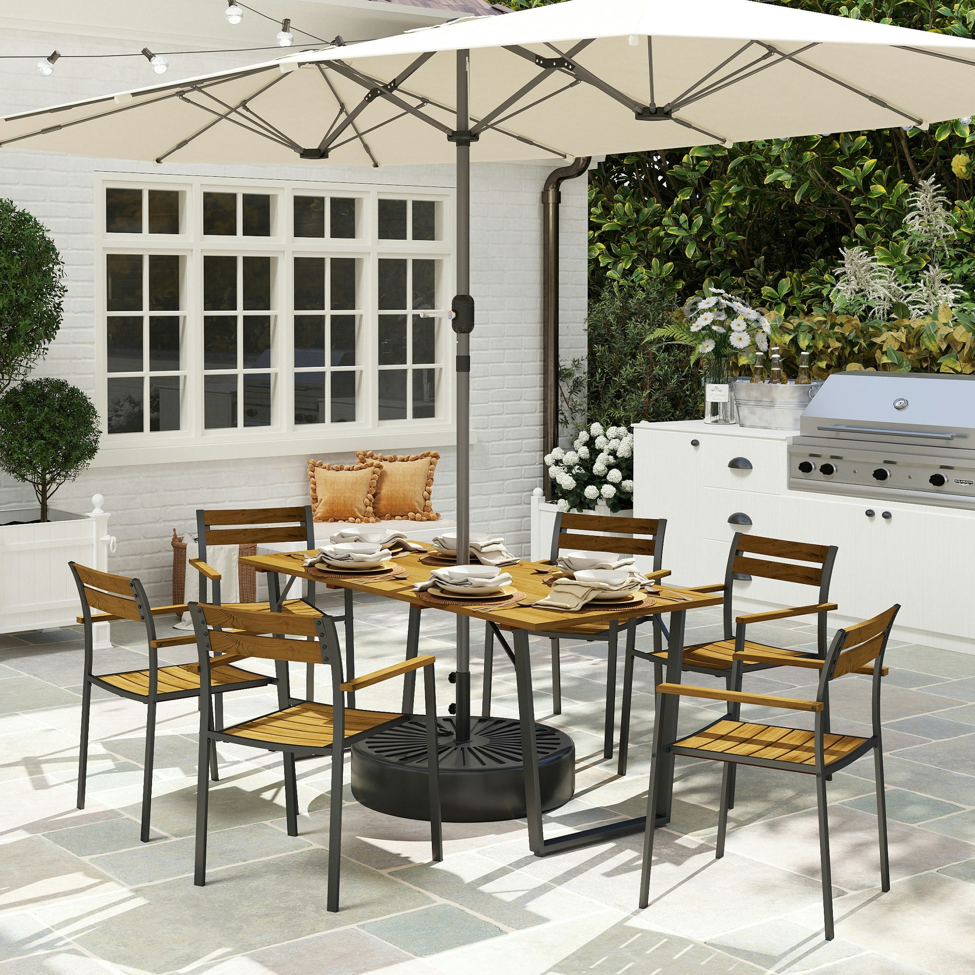 Rackhams Brown 7 Piece Garden Dining Set With Table And 6 Stackable Chairs, - Steel, Fir Wood - 175L X 80W X 75H Cm