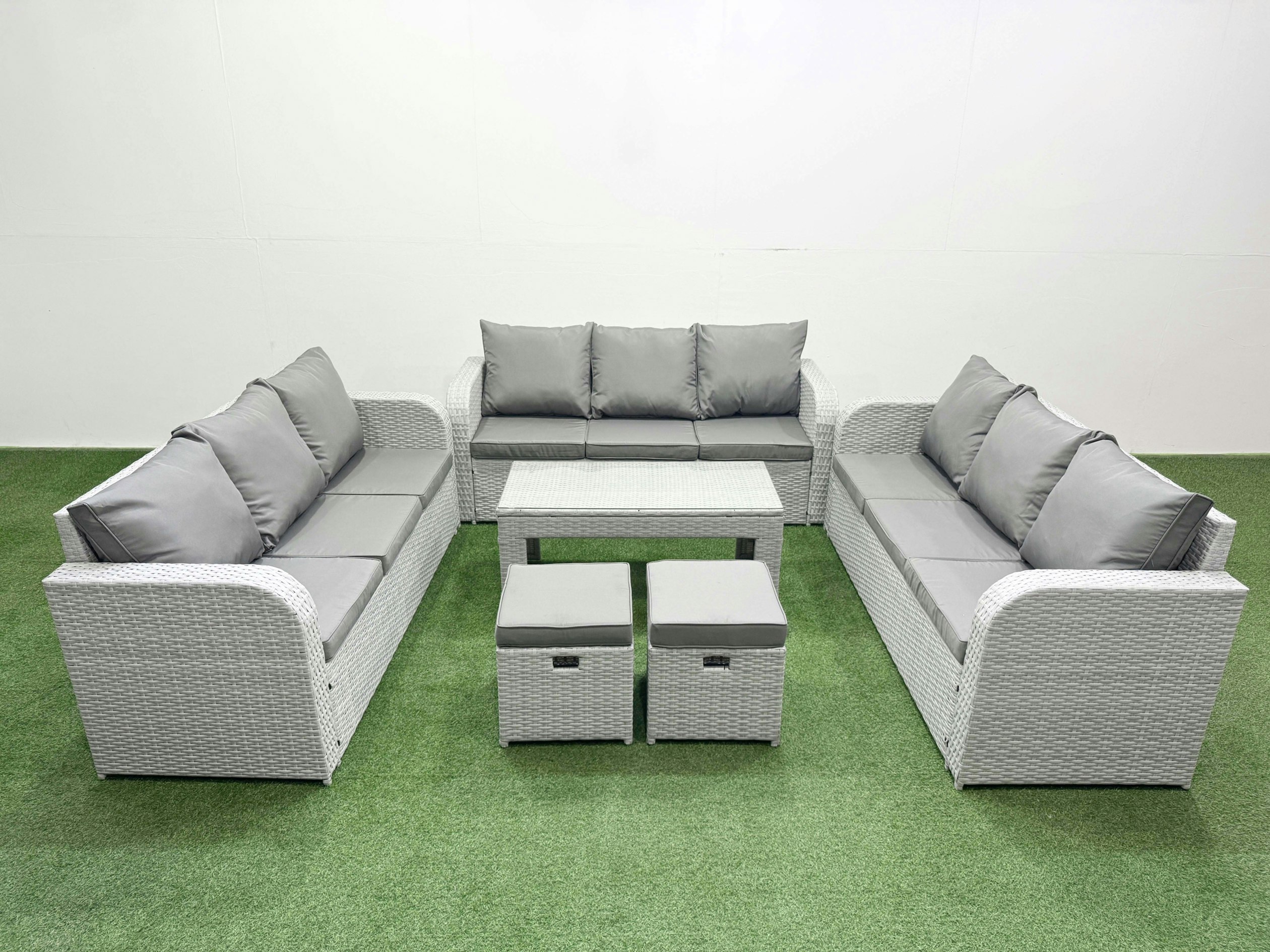 Fimous Light/Grey Pe Rattan Lounge Sofa Set 11 Seater Outdoor Garden Furniture Set With Oblong Coffee Table 3 Seater Sofa 2 Stools