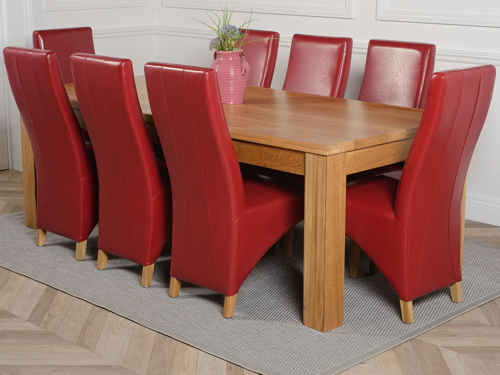 Rackhams Burgundy Dakota Extra Large Oak Dining Table With Lola Leather Chairs - 8 Chairs