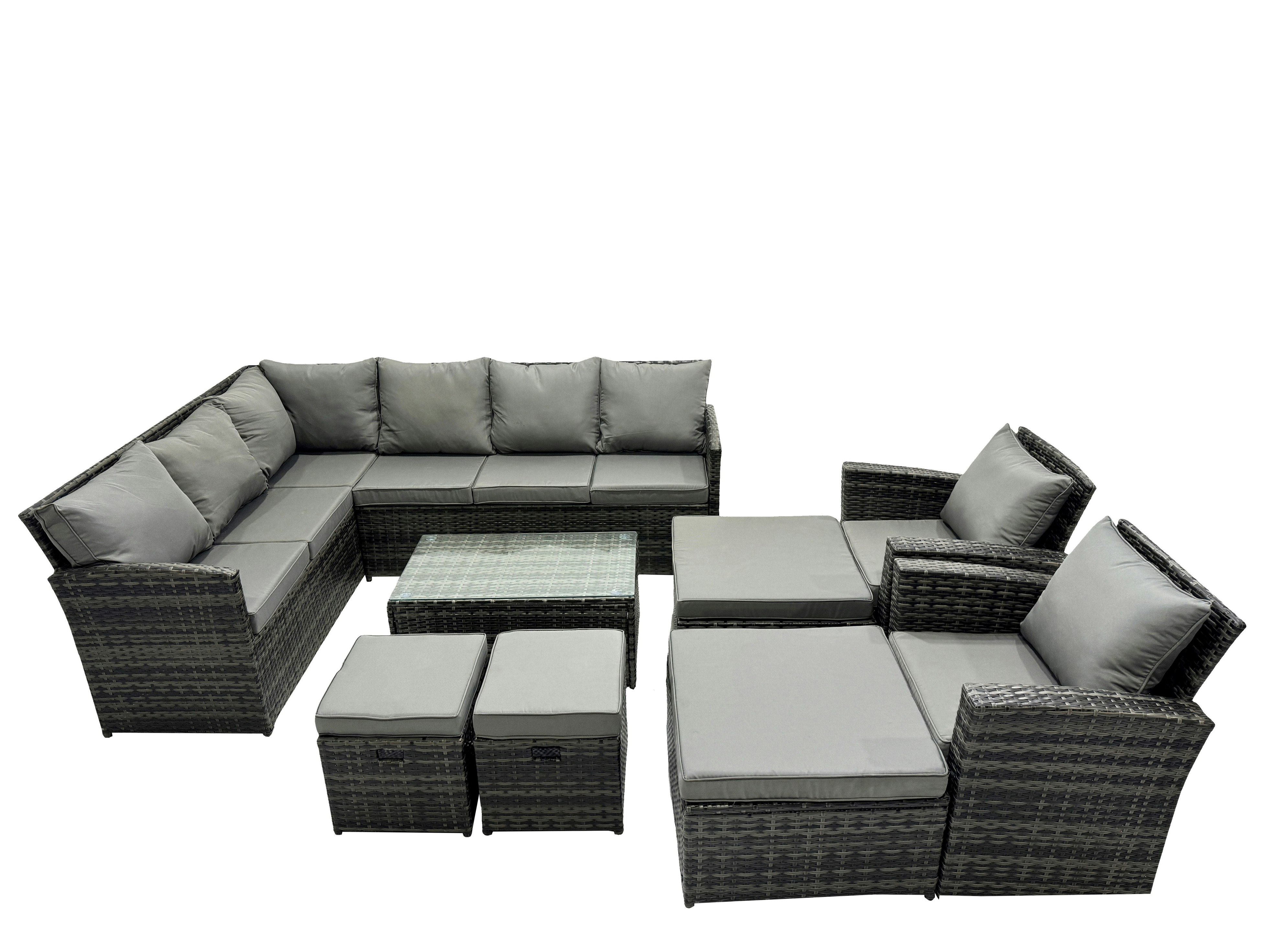 Fimous Dark/Grey 12 Seat Poly Rattan Outdoor Patio Coffee Table Corner Sofa Sets With 4 Stools 2 Chairs For Garden Backyard Mixed