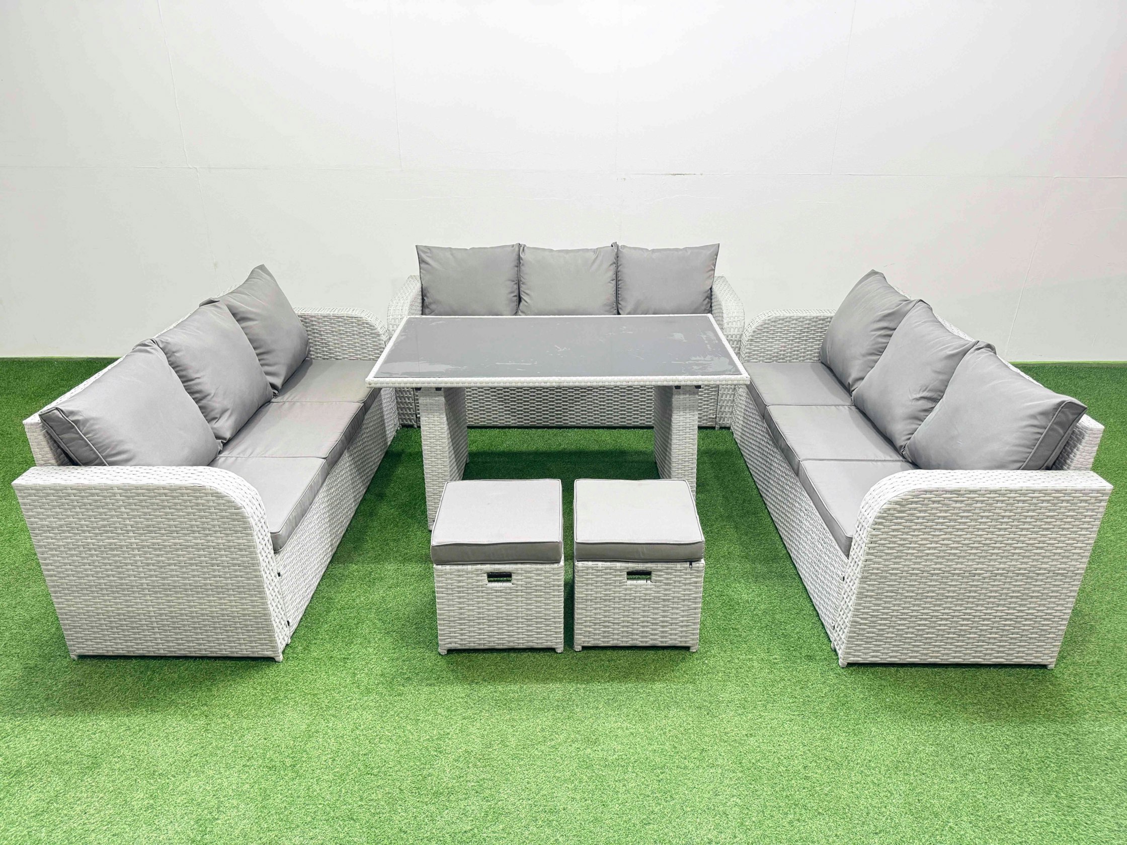 Fimous Black/Light/Grey Patio Garden Furniture Sets With Glass Top Dining Table 3 Seater Sofa 2 Small Stool
